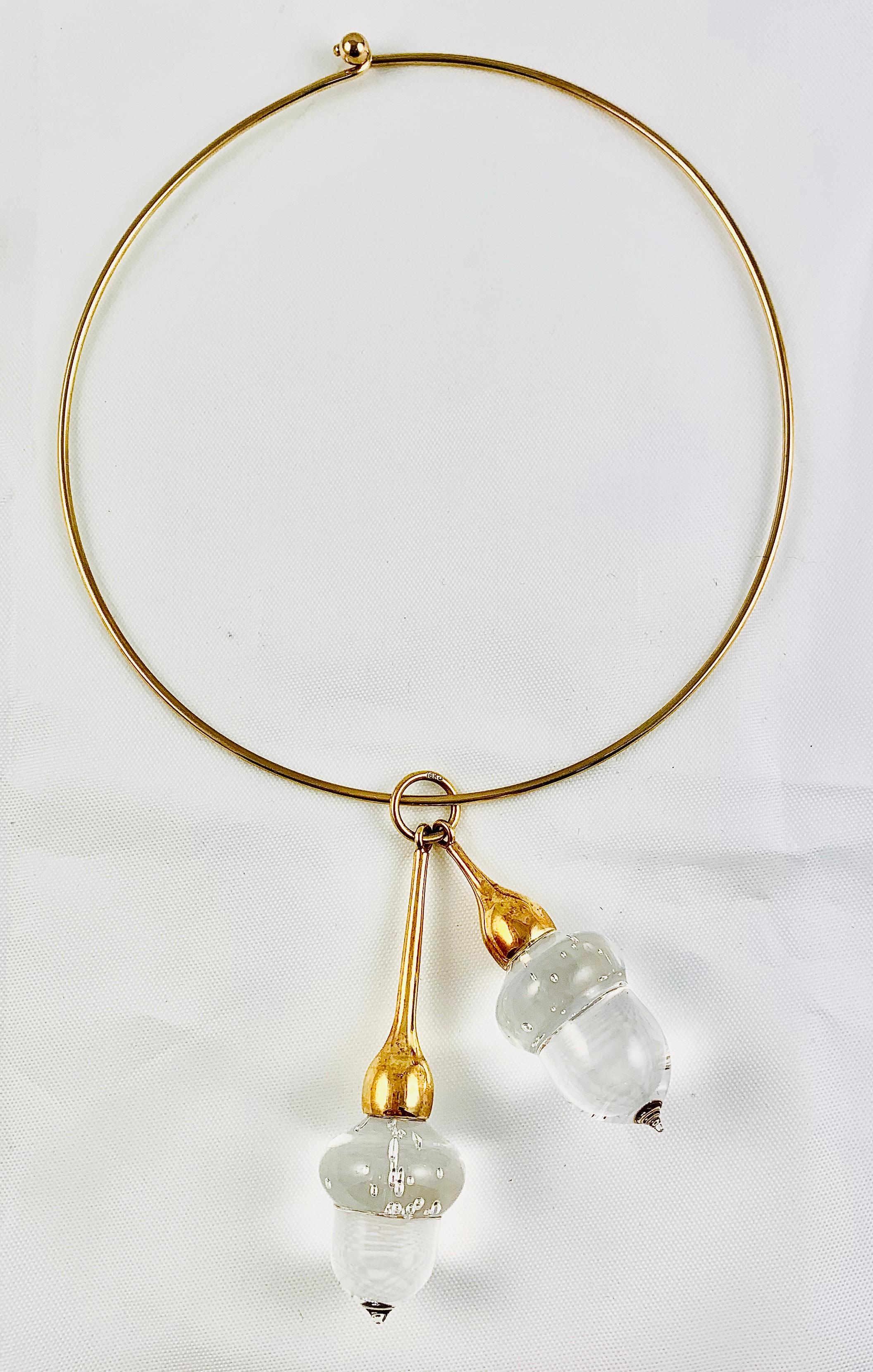 Steuben Glass and 18 Karat Gold Acorn Pendant on 14 Karat Gold Choker in Box 5