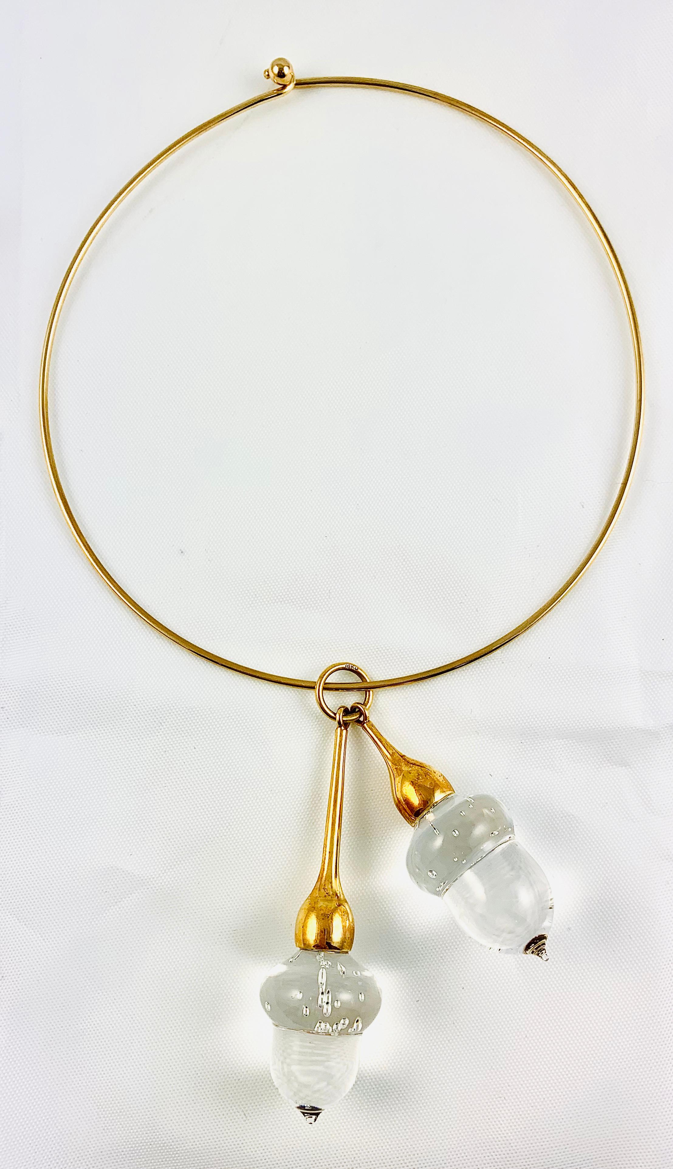 Artisan Steuben Glass and 18 Karat Gold Acorn Pendant on 14 Karat Gold Choker in Box