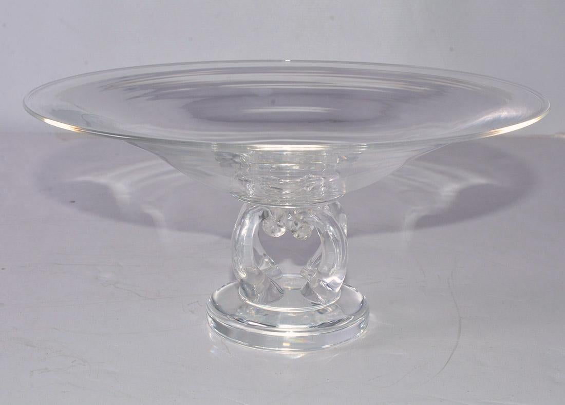 Vintage Steuben glass crystal pedestal centerpiece. Hand blown crystal centerpiece with scrolled pedestal base. Signed Steuben on underside of base.
Will provide free shipping for Continental US.  Just ask for shipping quote.