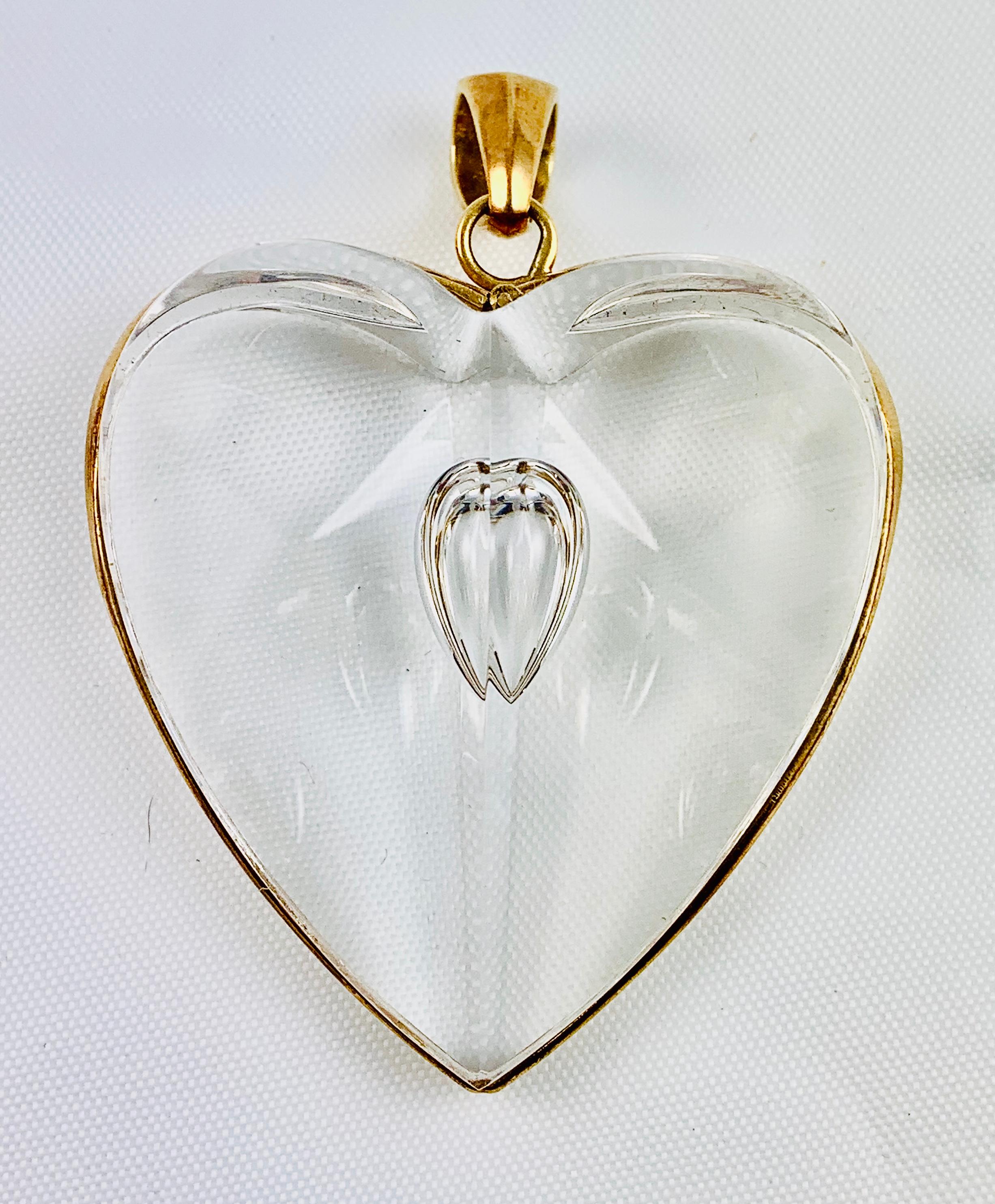 Steuben Glass Large 18 Karat Gold and Glass Heart Pendant in Original Box 2