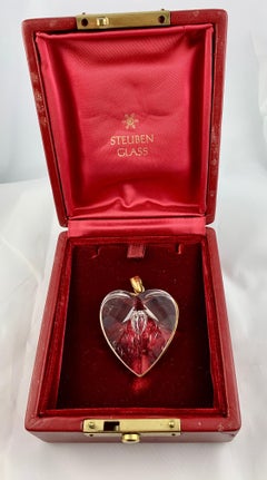 Steuben Glass Large 18 Karat Gold and Glass Heart Pendant in Original Box