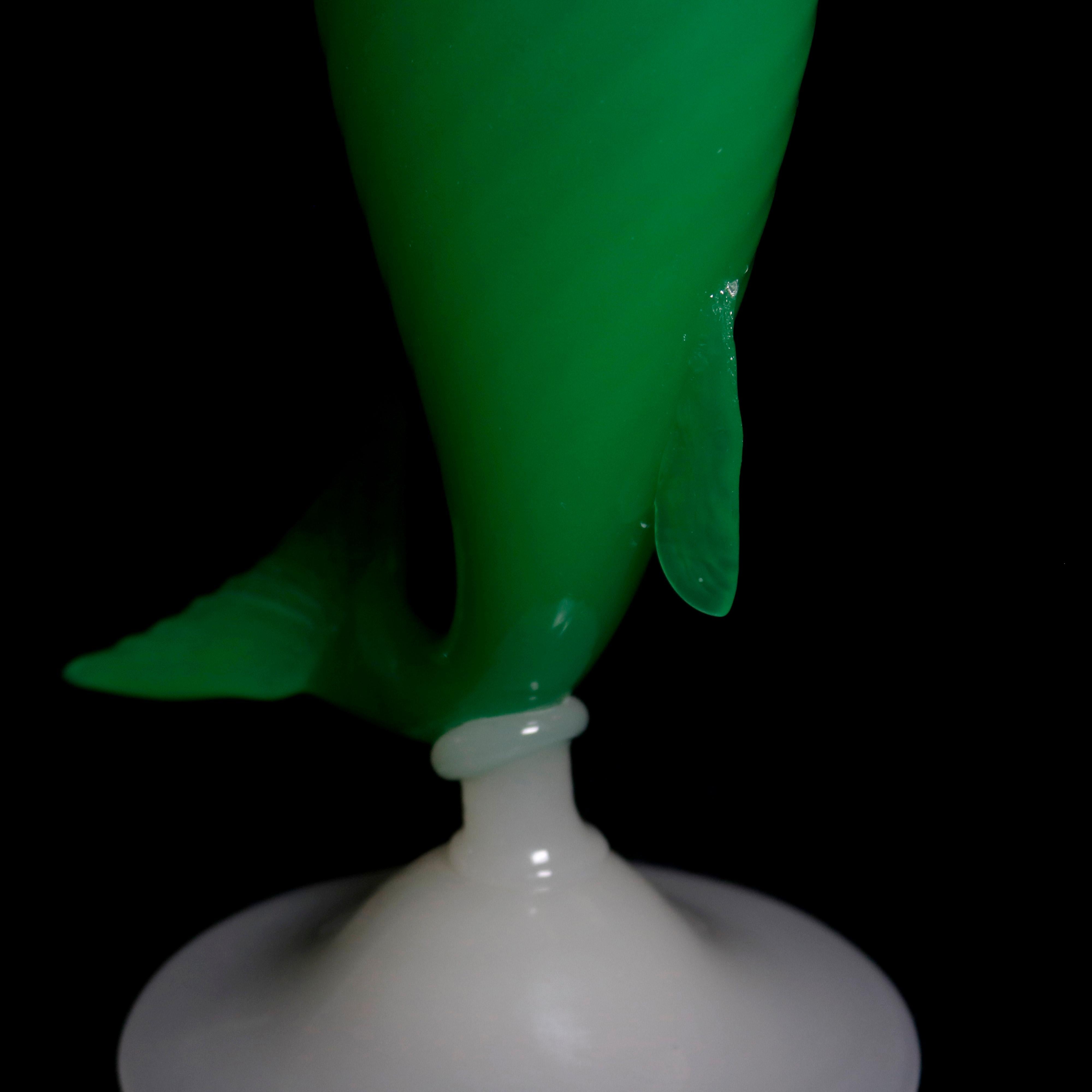Vintage Steuben Jade & Alabaster Art Glass Figural Fish Vase, Shape #6421 In Good Condition In Big Flats, NY