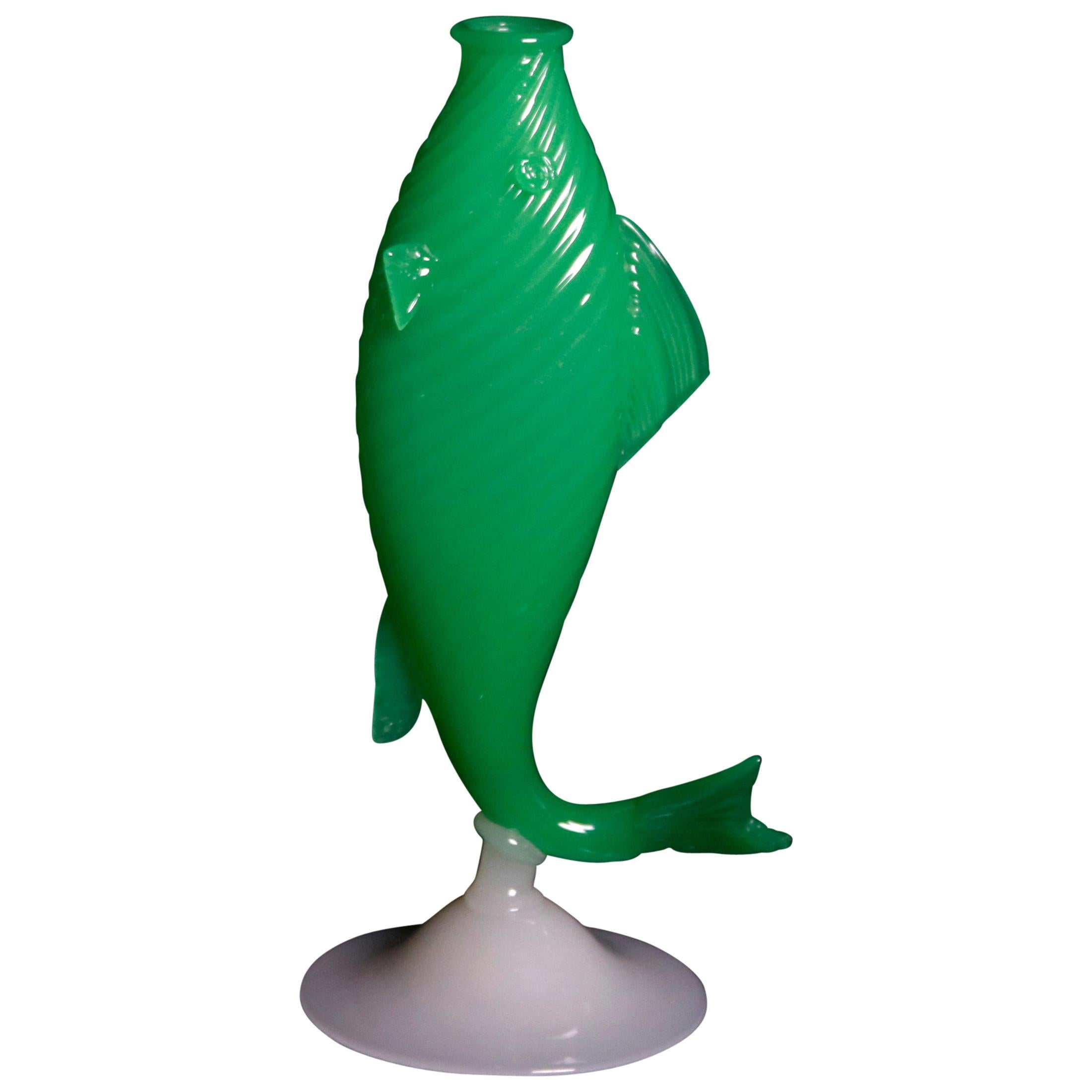 Vintage Steuben Jade & Alabaster Art Glass Figural Fish Vase, Shape #6421