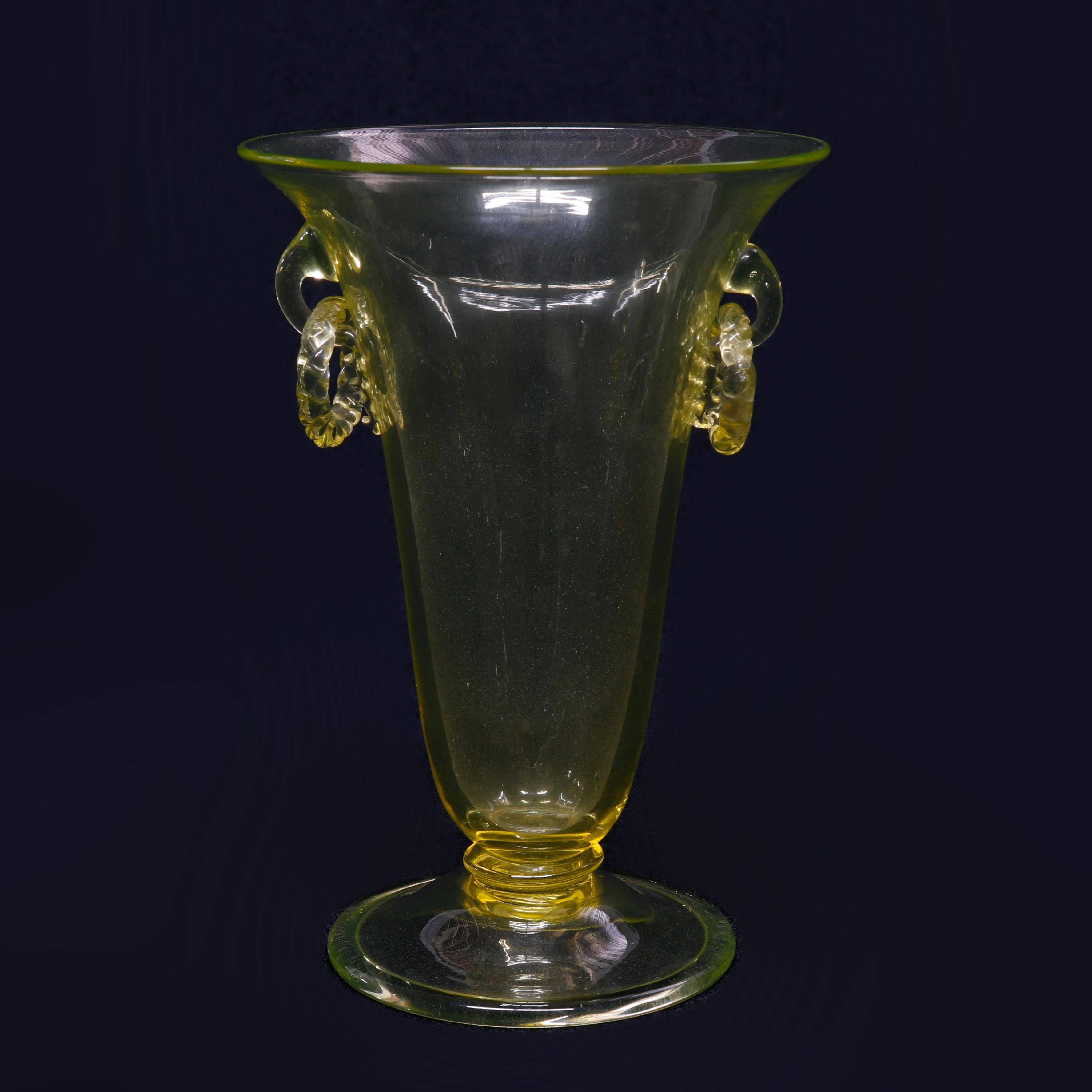 American Vintage Steuben Mouth Blown Art Glass Handled Vase, 20th Century
