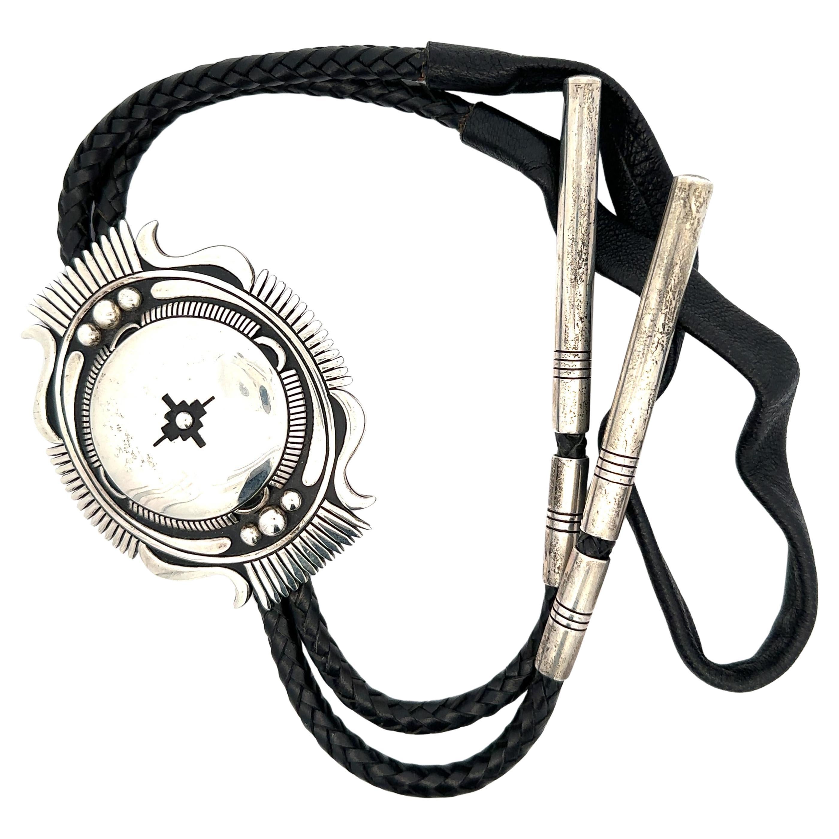 Vintage Steven Begay Sterling Silver South Western Style Black Leather Bolo Tie