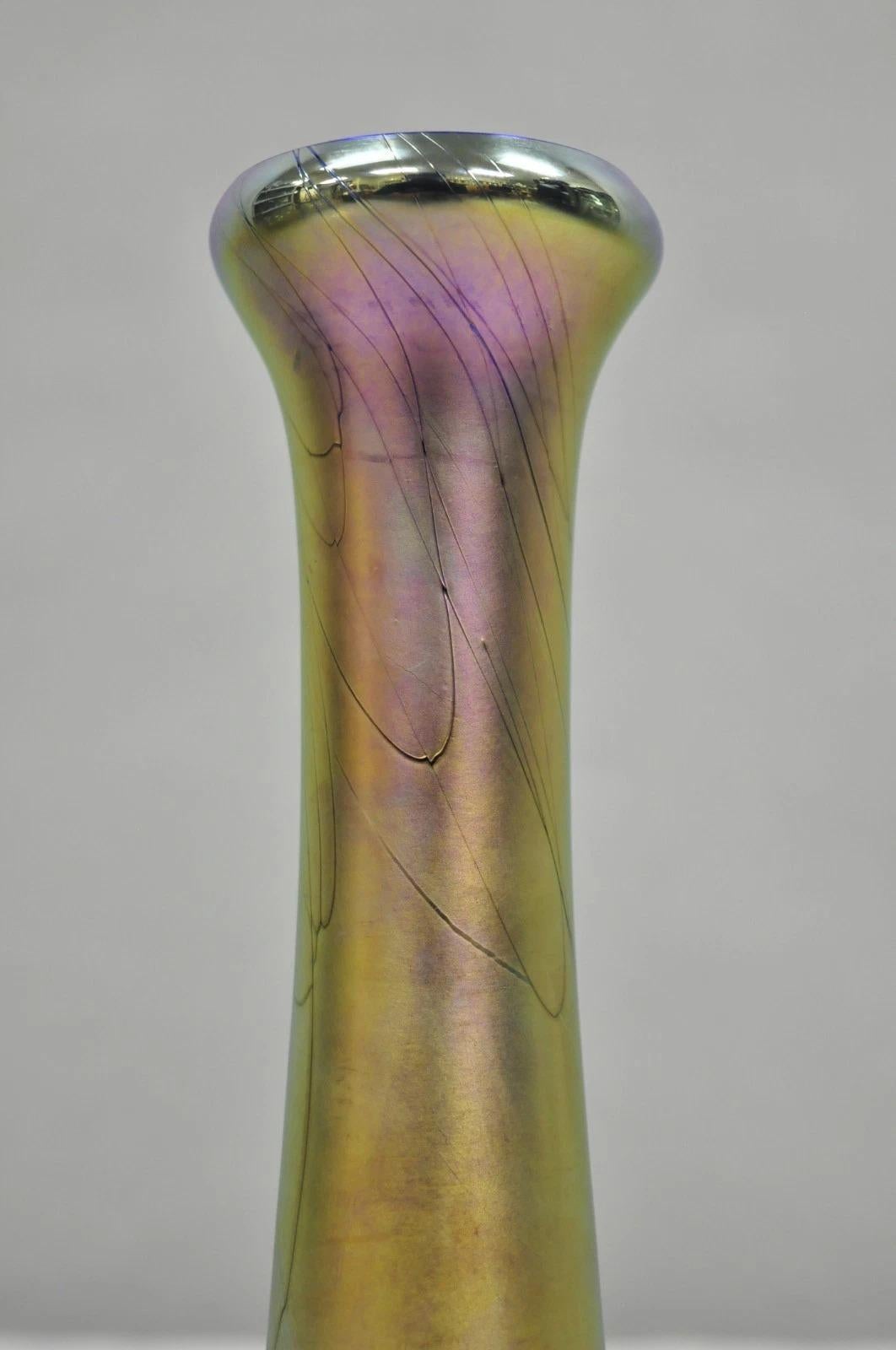 Vintage Steven Maslach 1987 Signed Iridescent & Cobalt Blue Art Glass Vase For Sale 5