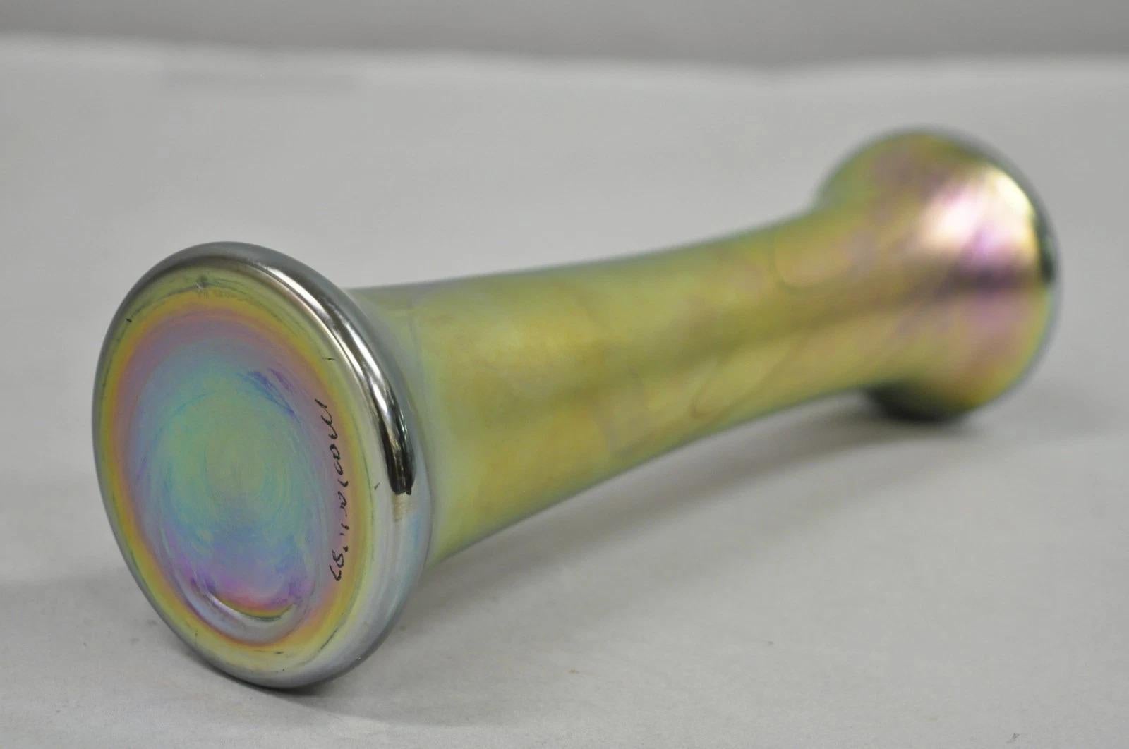 Vintage Steven Maslach 1987 Signed Iridescent & Cobalt Blue Art Glass Vase For Sale 6