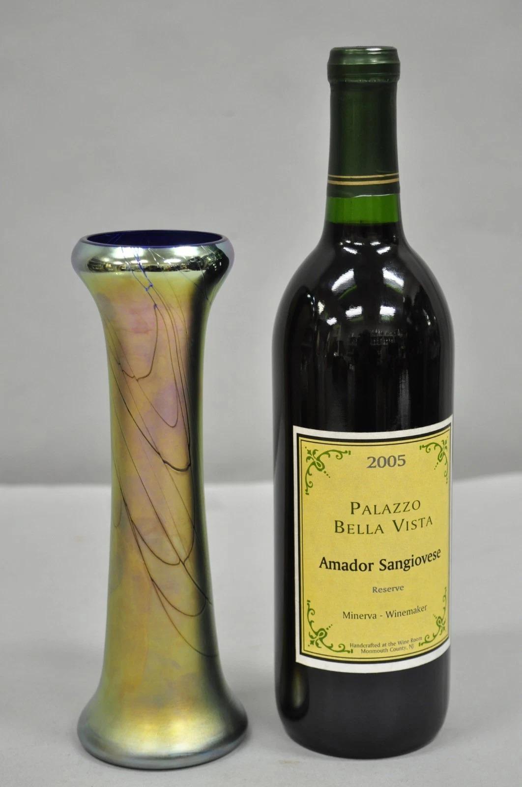 Vintage Steven Maslach 1987 Signed Iridescent & Cobalt Blue Art Glass Vase. Circa Late 20th Century. Measurements: 8.5