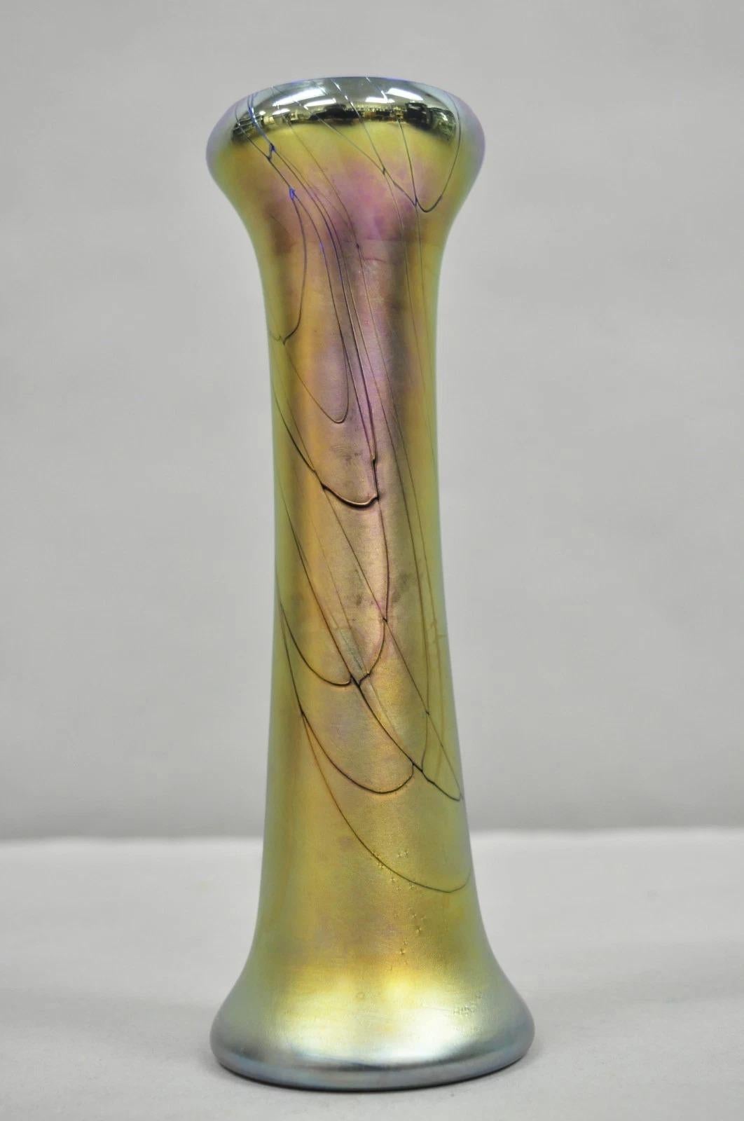 Art Nouveau Vintage Steven Maslach 1987 Signed Iridescent & Cobalt Blue Art Glass Vase For Sale
