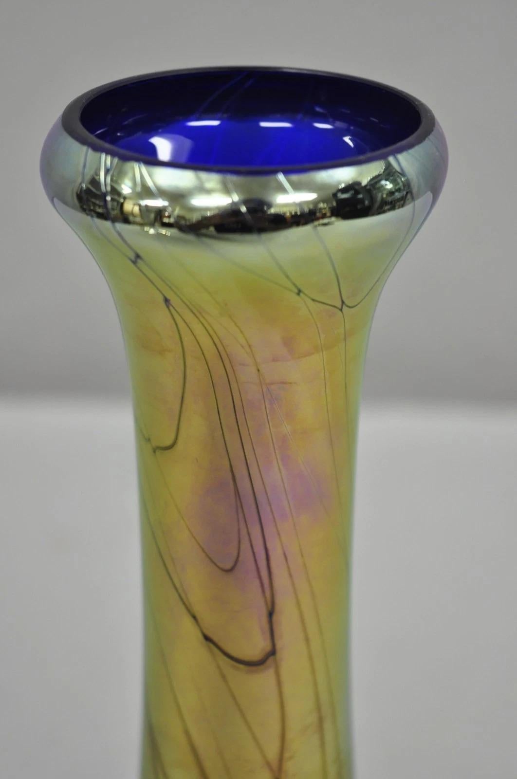 Unknown Vintage Steven Maslach 1987 Signed Iridescent & Cobalt Blue Art Glass Vase For Sale
