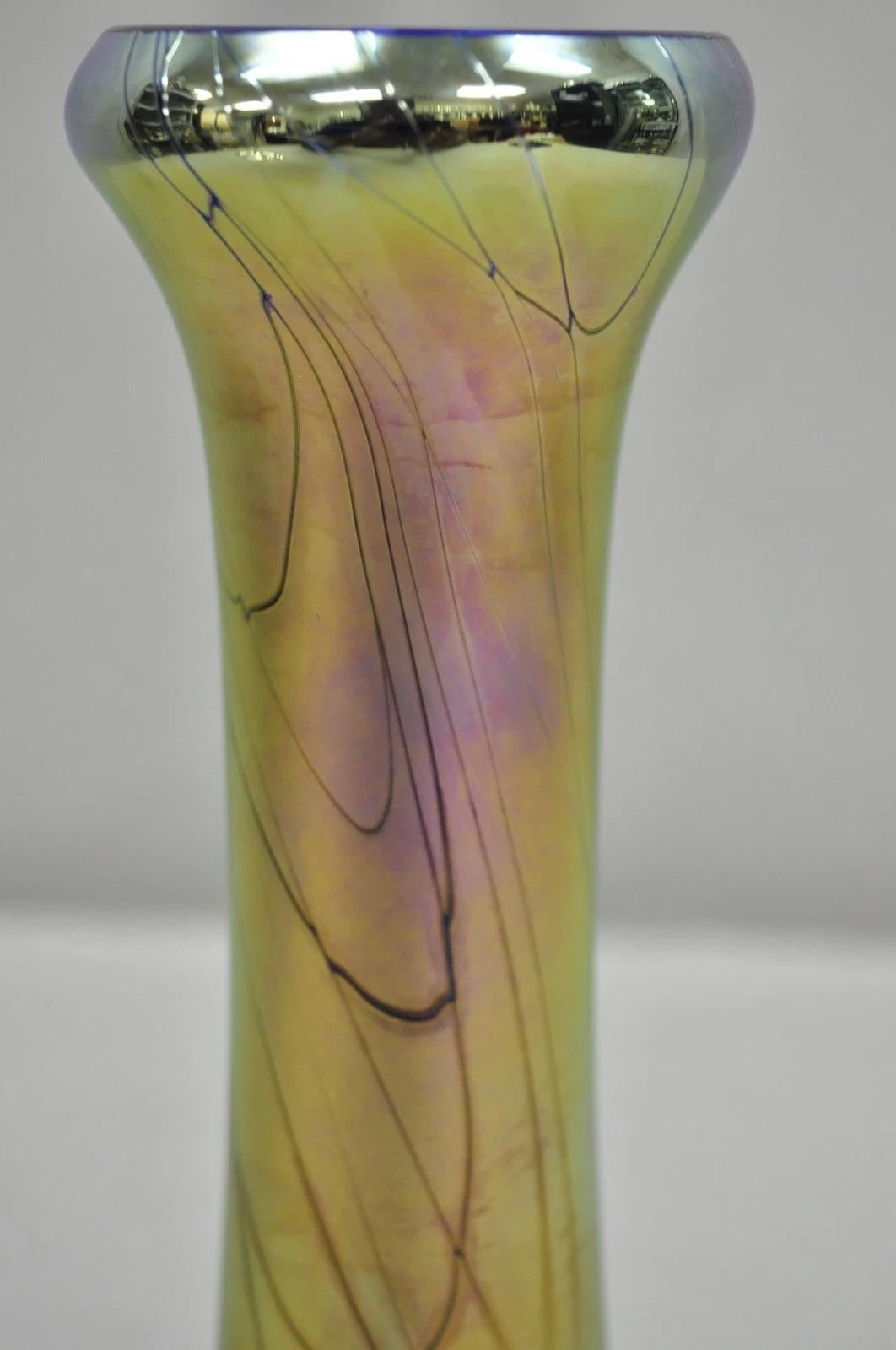 Vintage Steven Maslach 1987 Signed Iridescent & Cobalt Blue Art Glass Vase In Good Condition For Sale In Philadelphia, PA