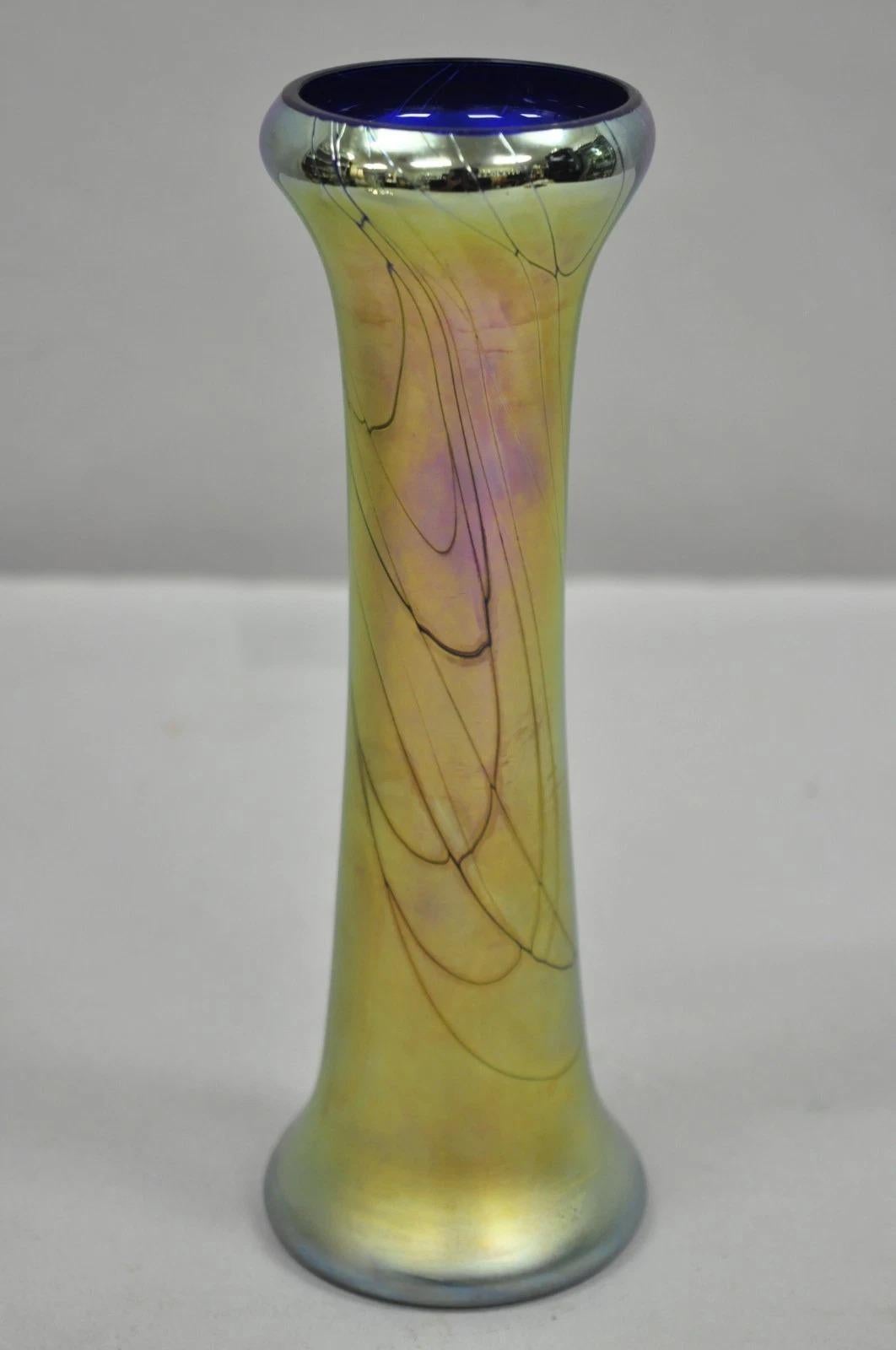 20th Century Vintage Steven Maslach 1987 Signed Iridescent & Cobalt Blue Art Glass Vase For Sale