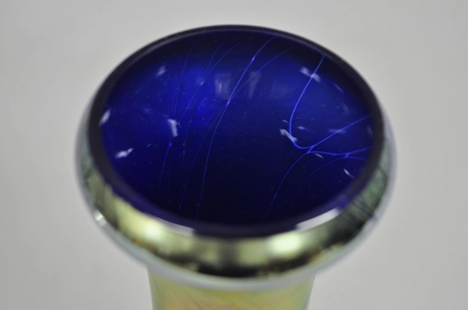 Vintage Steven Maslach 1987 Signed Iridescent & Cobalt Blue Art Glass Vase For Sale 2