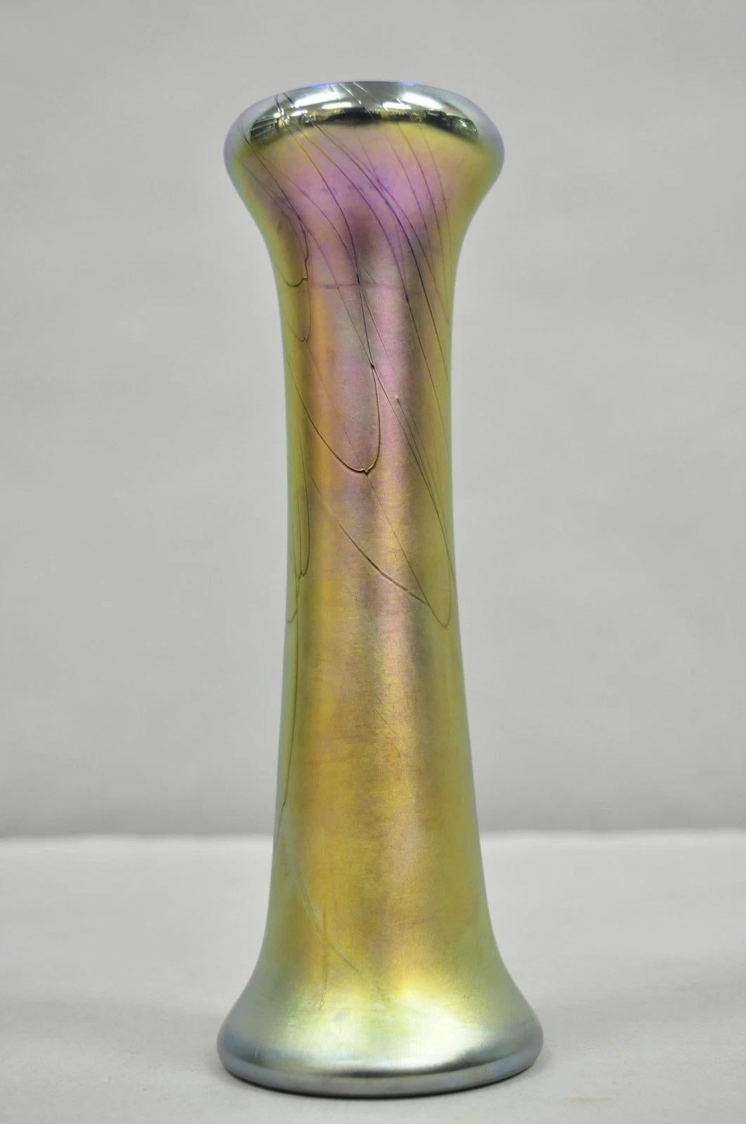 Vintage Steven Maslach 1987 Signed Iridescent & Cobalt Blue Art Glass Vase For Sale 3