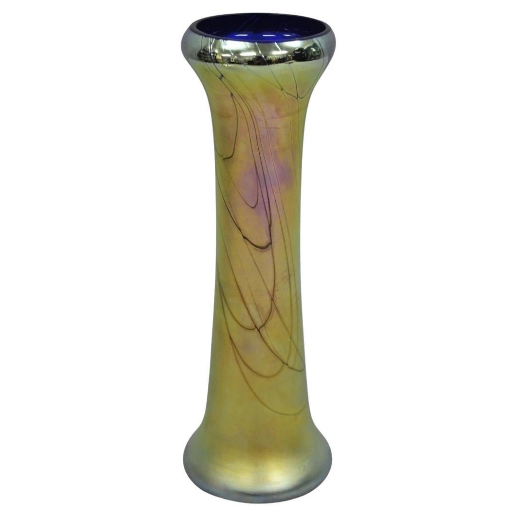 Vintage Steven Maslach 1987 Signed Iridescent & Cobalt Blue Art Glass Vase For Sale