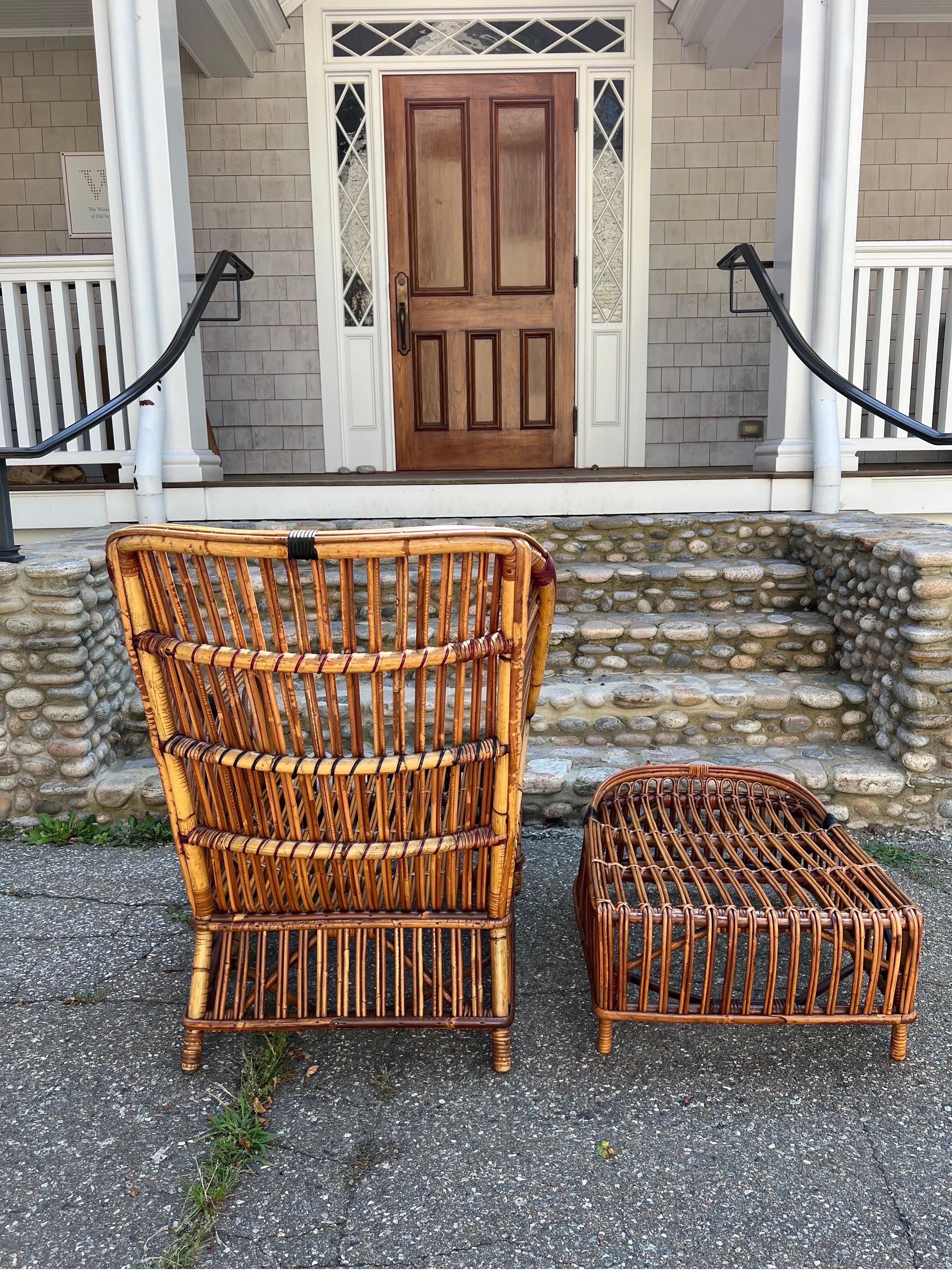 Hand-Crafted Vintage Stick Rattan Chair and Ottoman For Sale