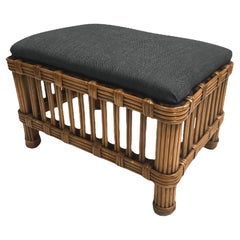 Restored Retro Stick Rattan foot stool with upholstered top.