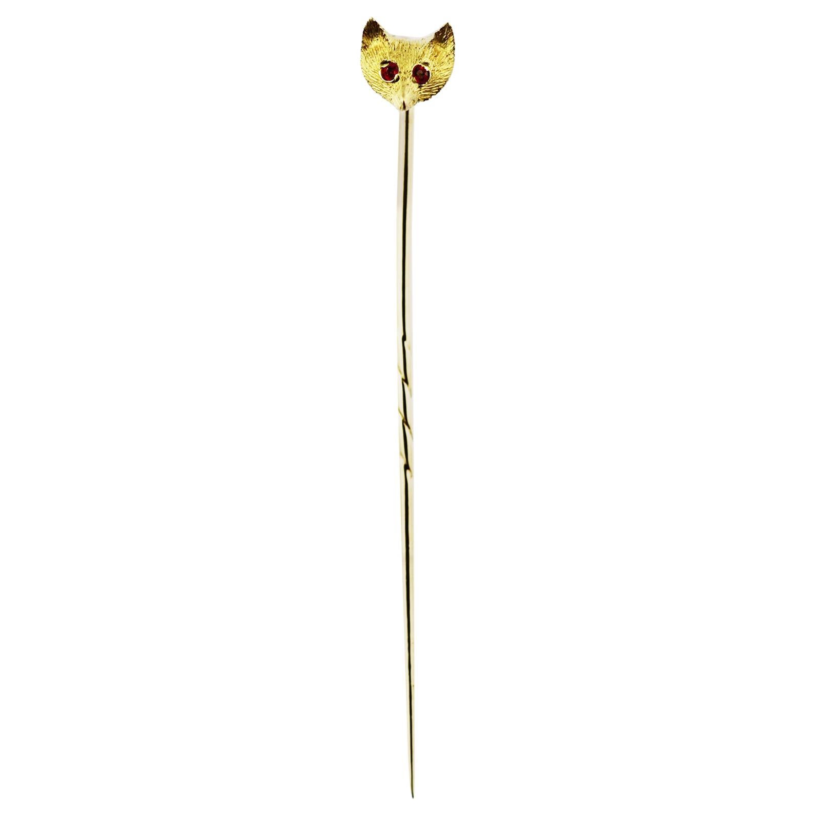 Vintage Stick/Tie Pin, Fox Head with Ruby Eyes set in 9 Carat Yellow Gold