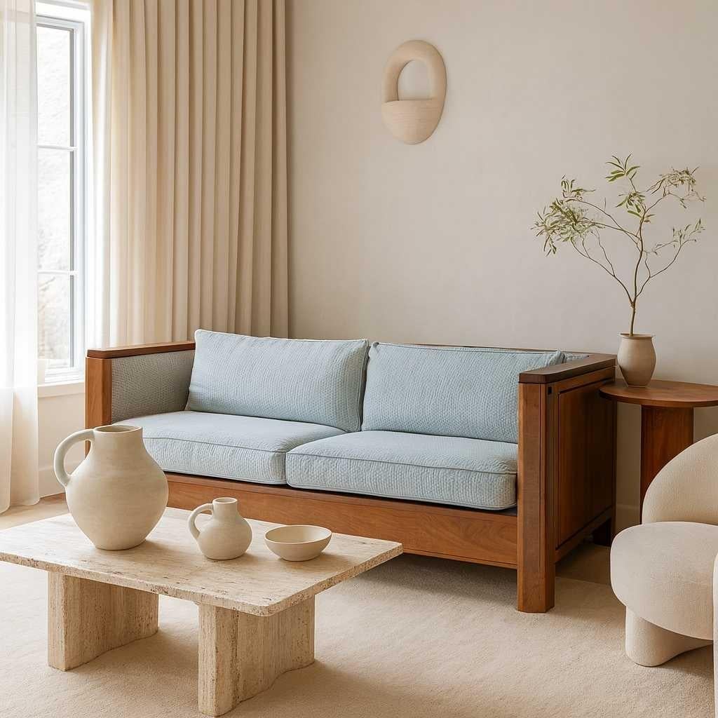 Vintage Stickley Cherry Wood Sofa, blassblaue strukturierte Samtpolsterung im Angebot 6