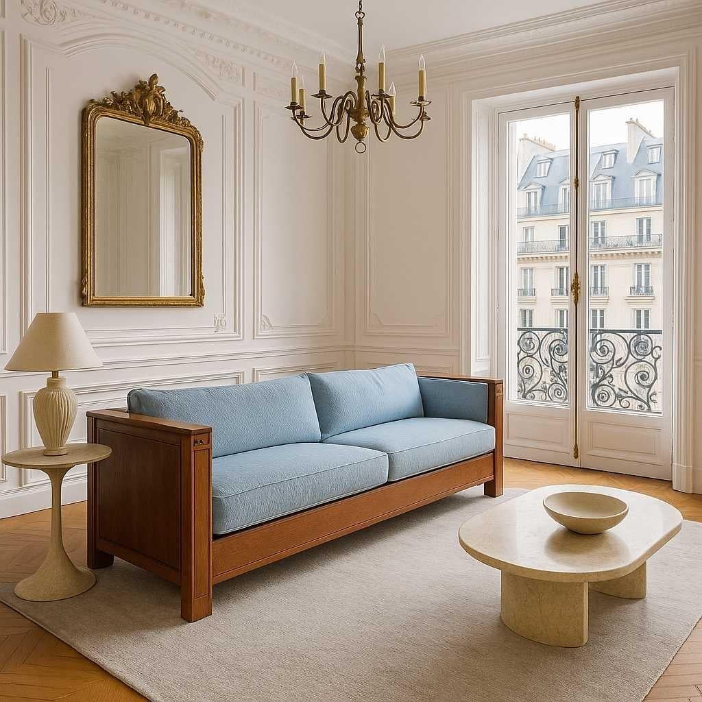 Vintage Stickley Cherry Wood Sofa, blassblaue strukturierte Samtpolsterung im Angebot 12