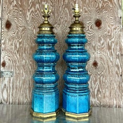 Paire de lampes Totem Vintage Stiffel à glaçure bleue craquelée