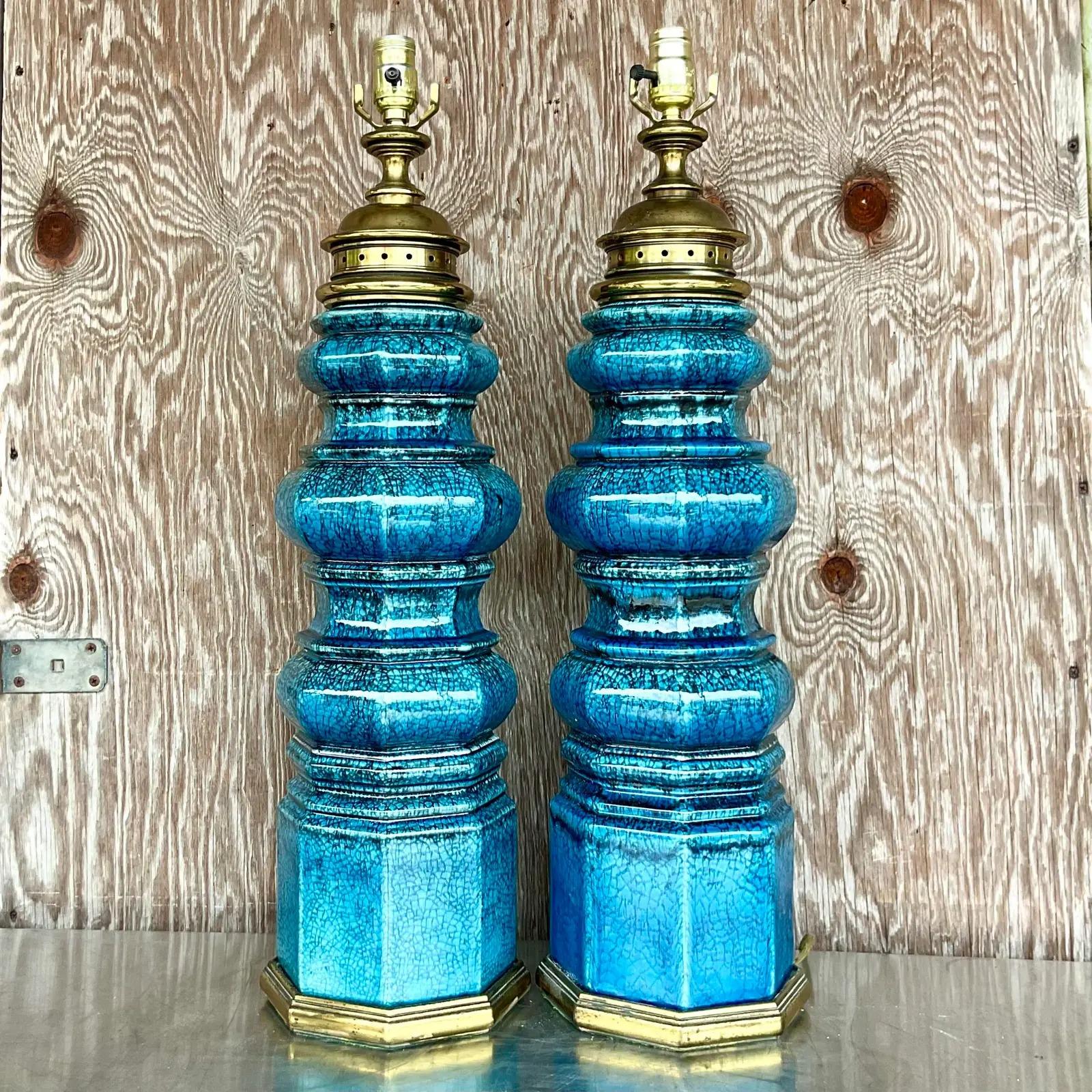 North American  Vintage Stiffel Blue Crackle Glaze TOTEM Lamps, a Pair
