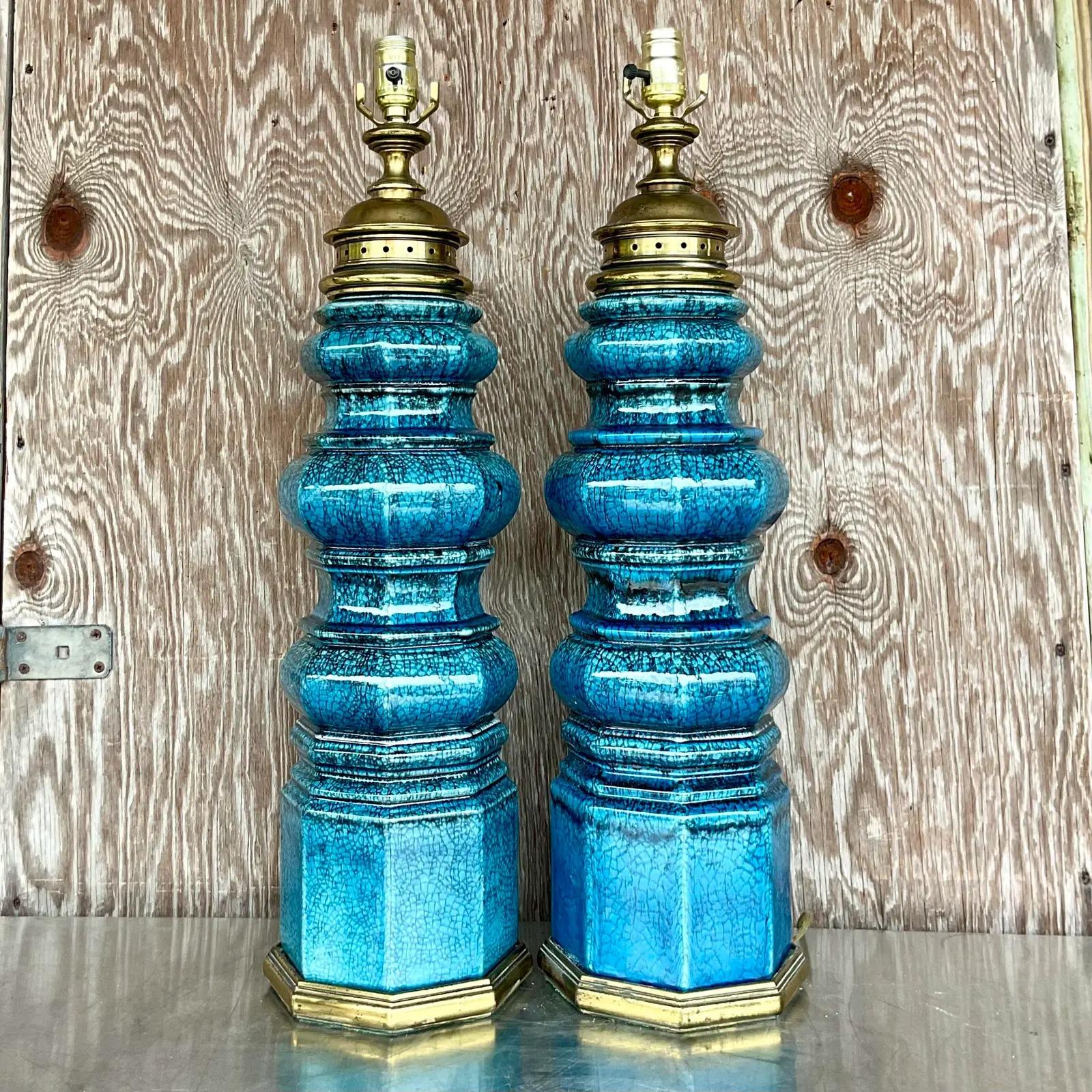  Vintage Stiffel Blue Crackle Glaze TOTEM Lamps, a Pair In Good Condition In west palm beach, FL