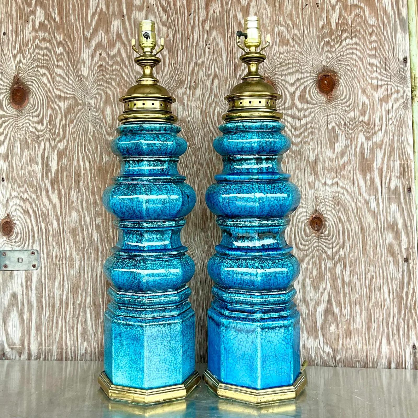 20th Century  Vintage Stiffel Blue Crackle Glaze TOTEM Lamps, a Pair
