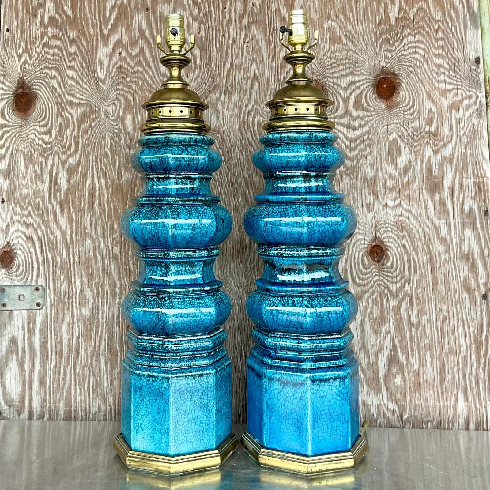 Brass  Vintage Stiffel Blue Crackle Glaze TOTEM Lamps, a Pair