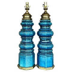  Vintage Stiffel Blue Crackle Glaze TOTEM Lamps, a Pair
