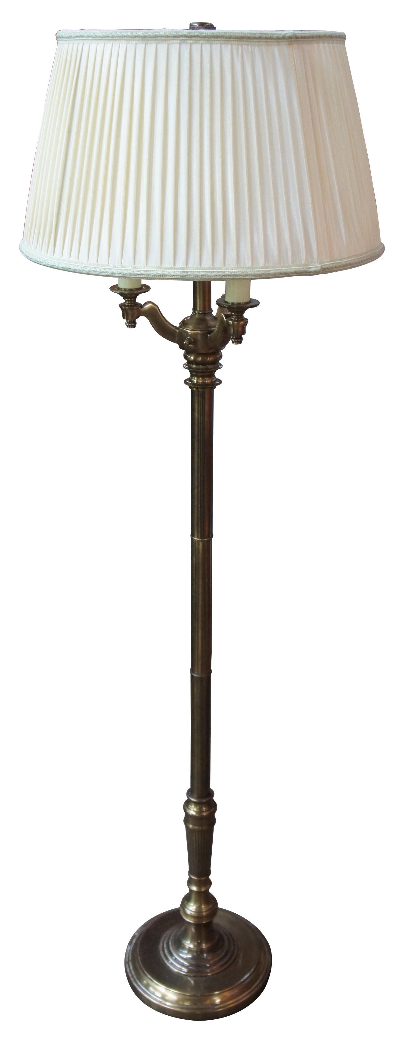 Vintage Stiffel mogul candelabra floor lamp in brass finish with three torchiere style candlestick lights and a central light with cream Stiffel shade.

shade- 19