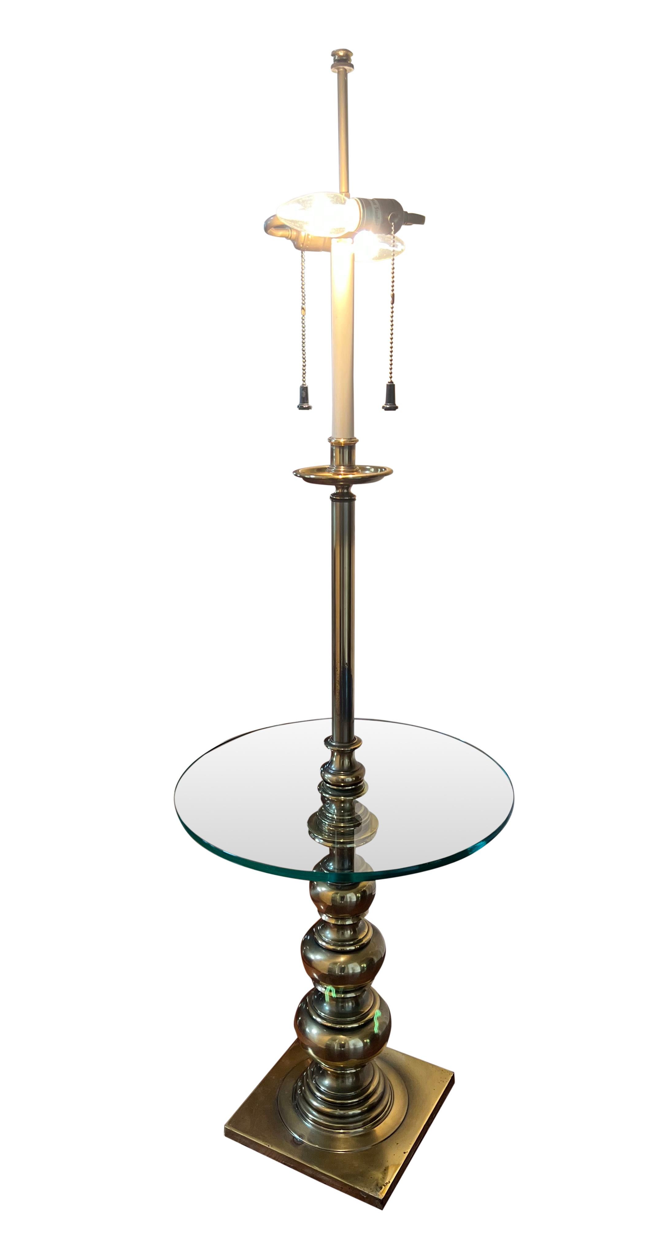 Polished Vintage Stiffel Brass Floor Lamp with Glass Table For Sale