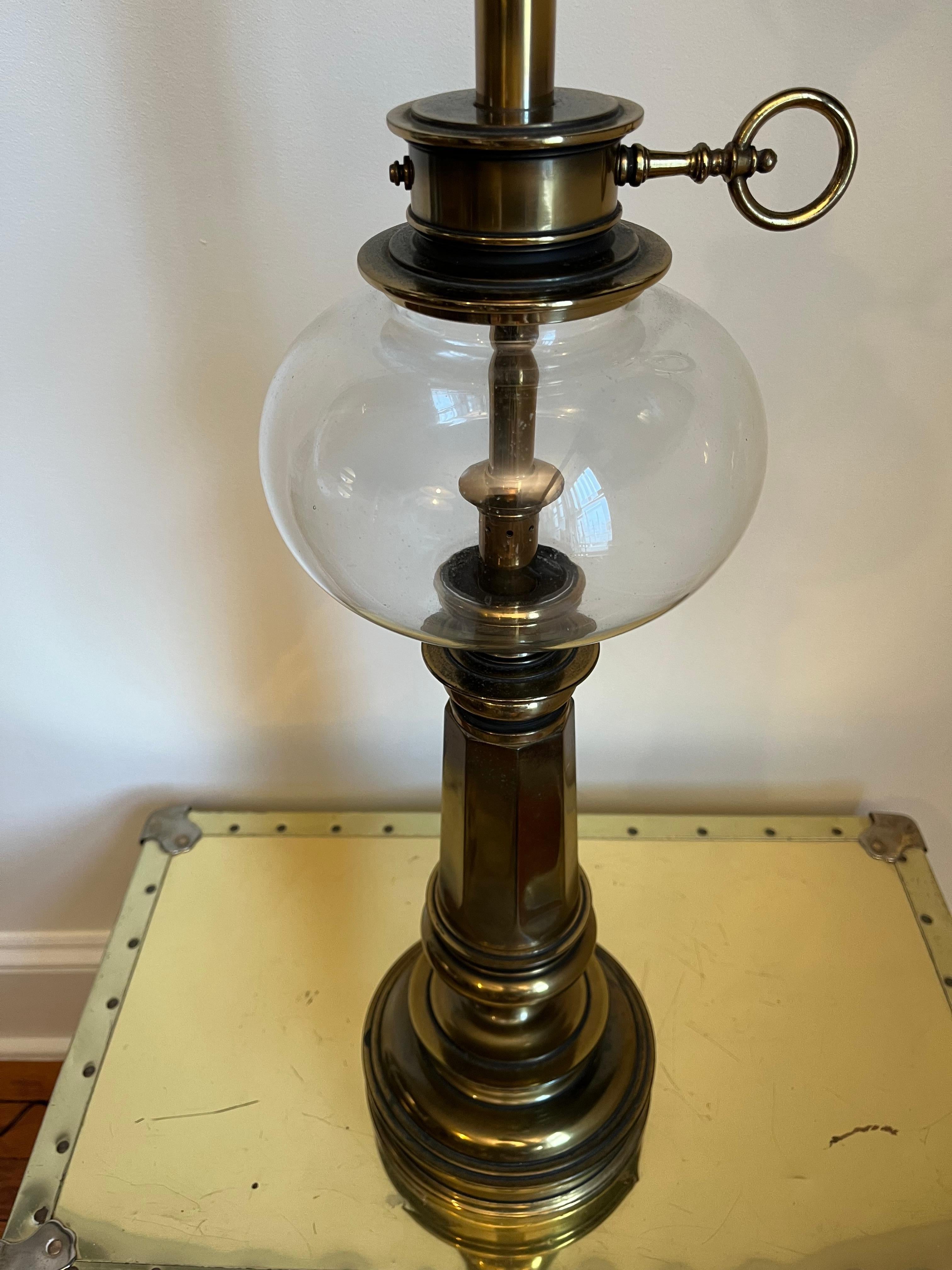 American Vintage Stiffel Brass & Glass Oil Reservoir Lamp For Sale
