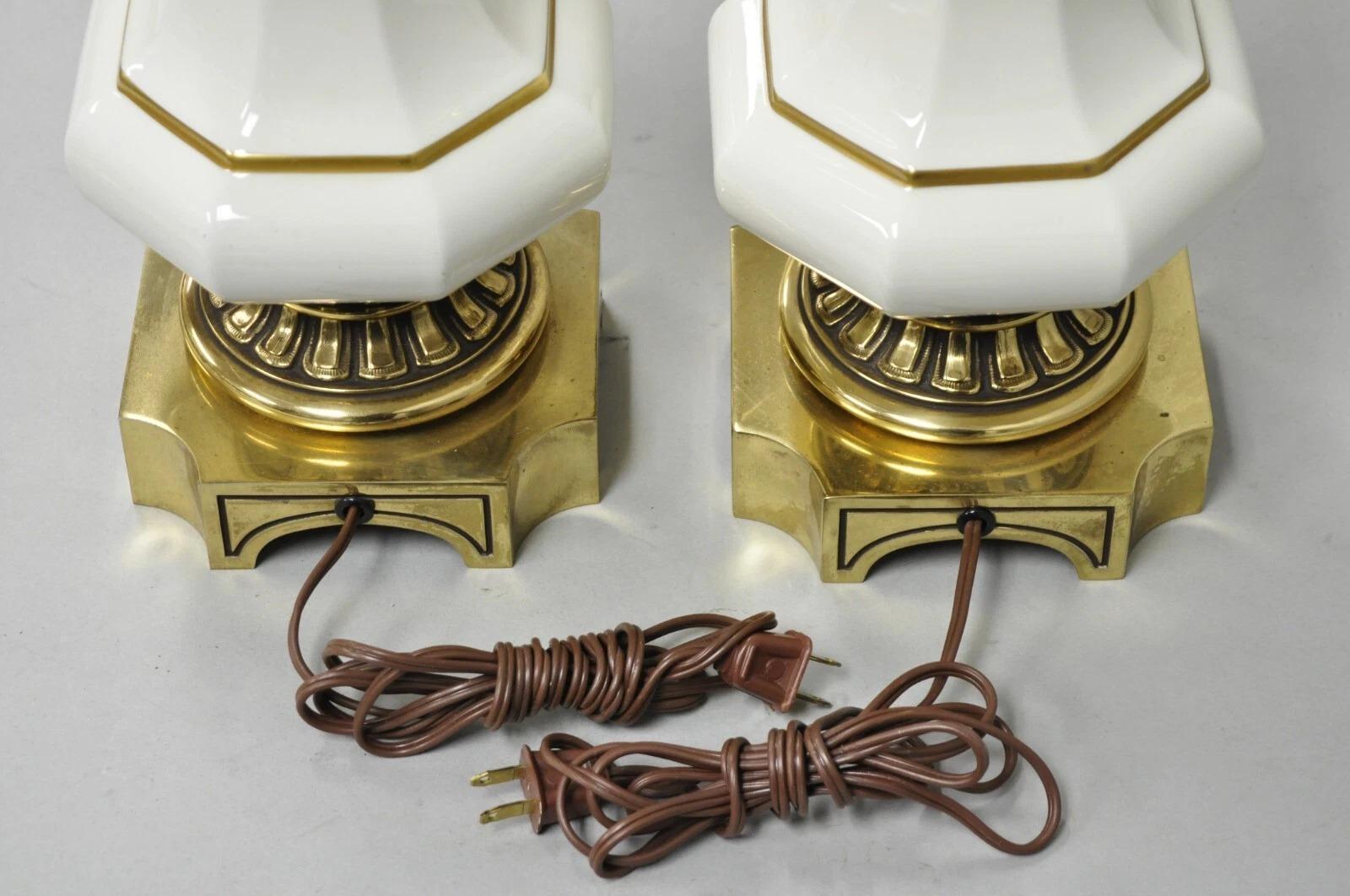 Vintage Stiffel Empire Style Burnished Brass & Porcelain Table Lamps (A) - Pair For Sale 5