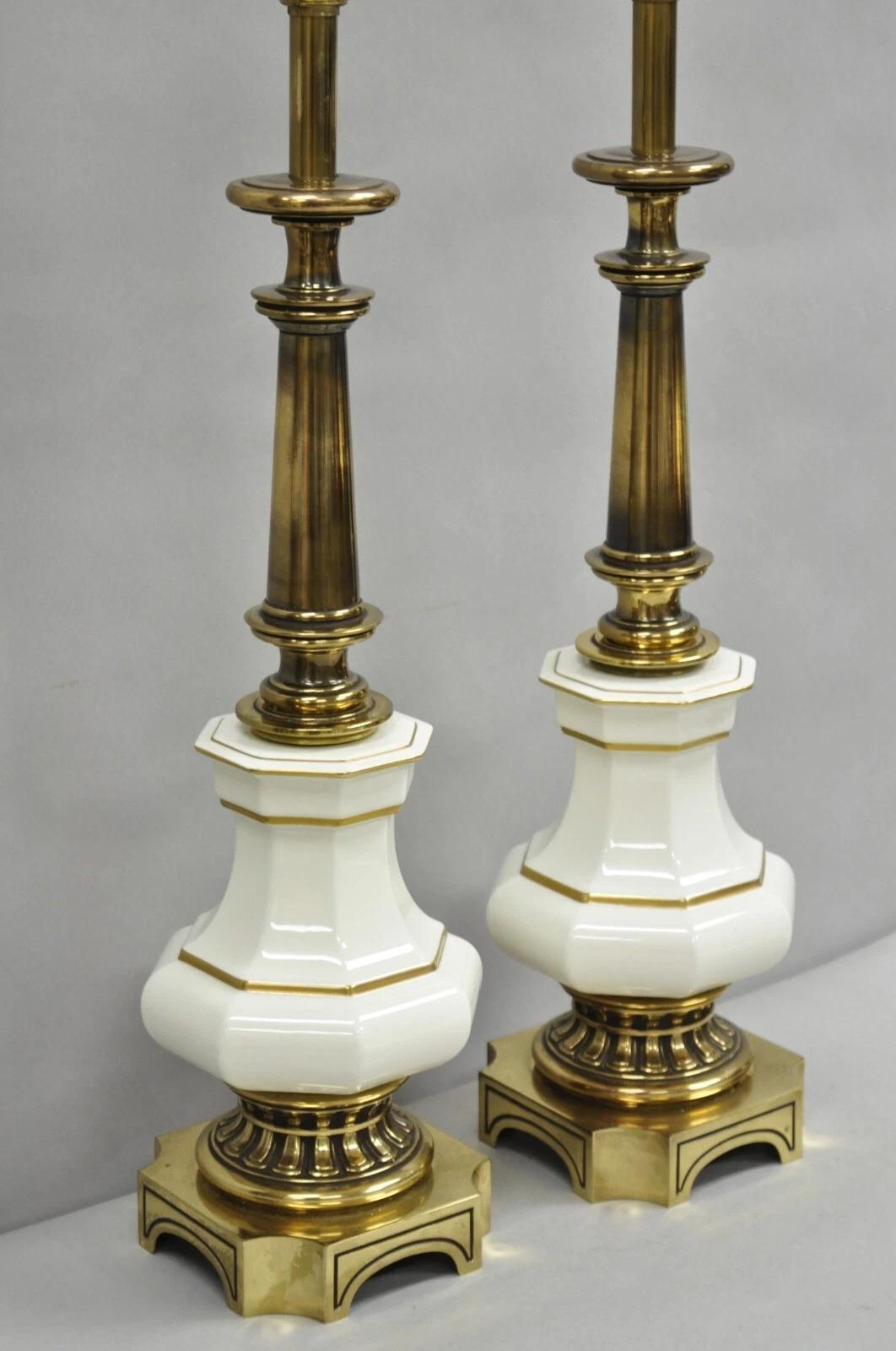 Vintage Stiffel Empire Style Burnished Brass & Porcelain Table Lamps (A) - Pair For Sale 6