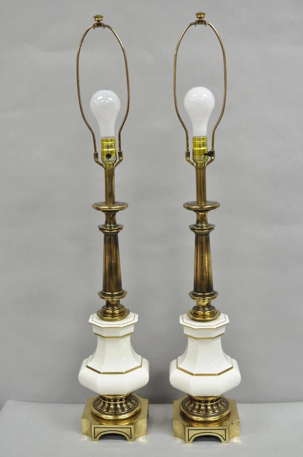 Vintage Stiffel Empire Style Burnished Brass & Porcelain Table Lamps (A) - Pair For Sale 7