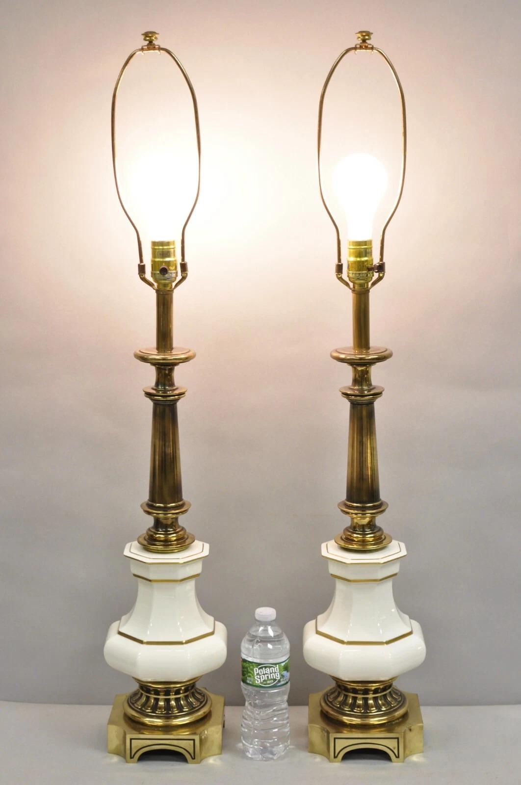 Vintage Stiffel Empire Style Lacquered Burnished Brass & Porcelain Table Lamps (A) - Pair. Circa Late 20th Century. Measurements: 37
