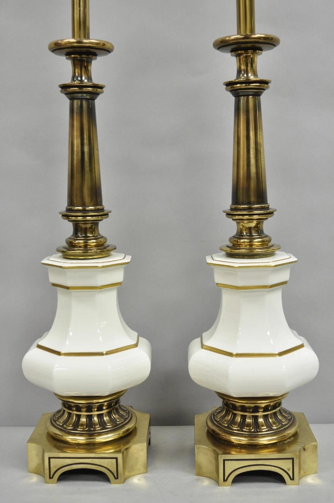 Unknown Vintage Stiffel Empire Style Burnished Brass & Porcelain Table Lamps (A) - Pair For Sale