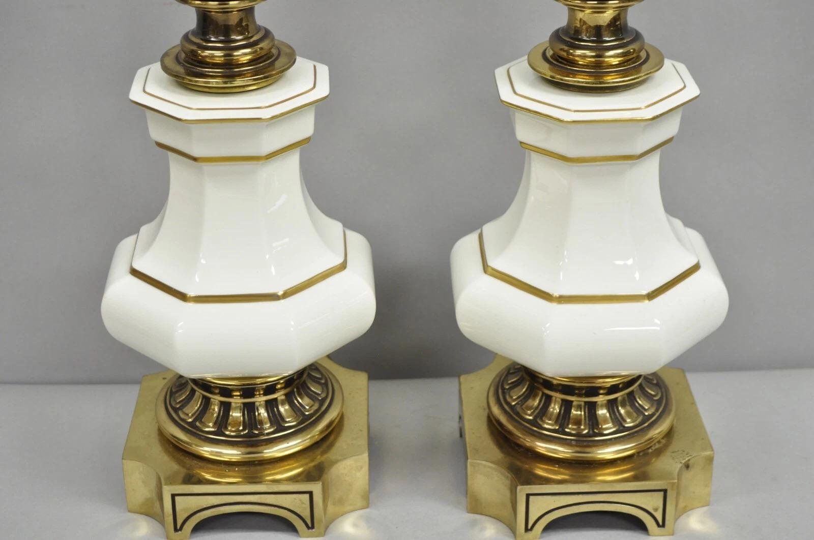 Vintage Stiffel Empire Style Burnished Brass & Porcelain Table Lamps (A) - Pair In Good Condition For Sale In Philadelphia, PA