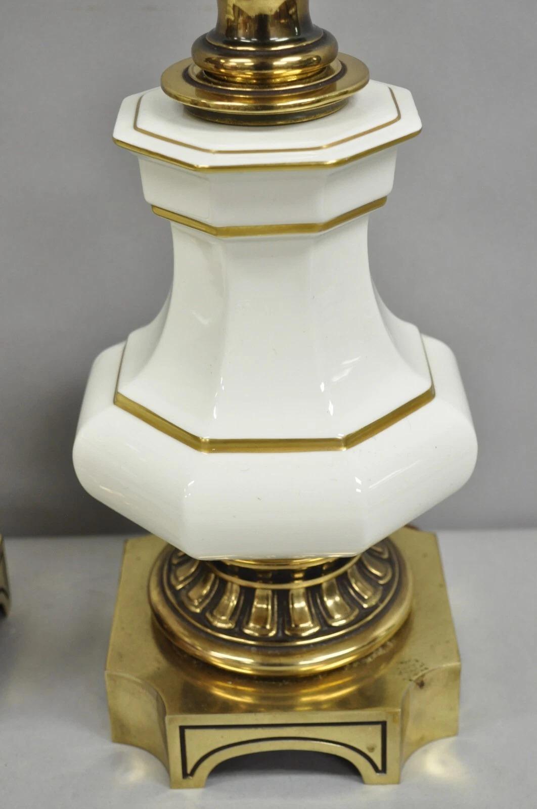 20th Century Vintage Stiffel Empire Style Burnished Brass & Porcelain Table Lamps (A) - Pair For Sale