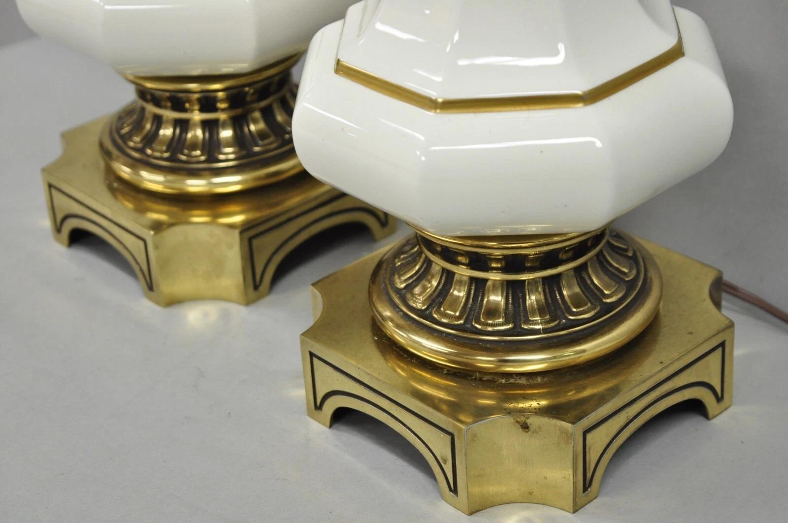 Vintage Stiffel Empire Style Burnished Brass & Porcelain Table Lamps (A) - Pair For Sale 3