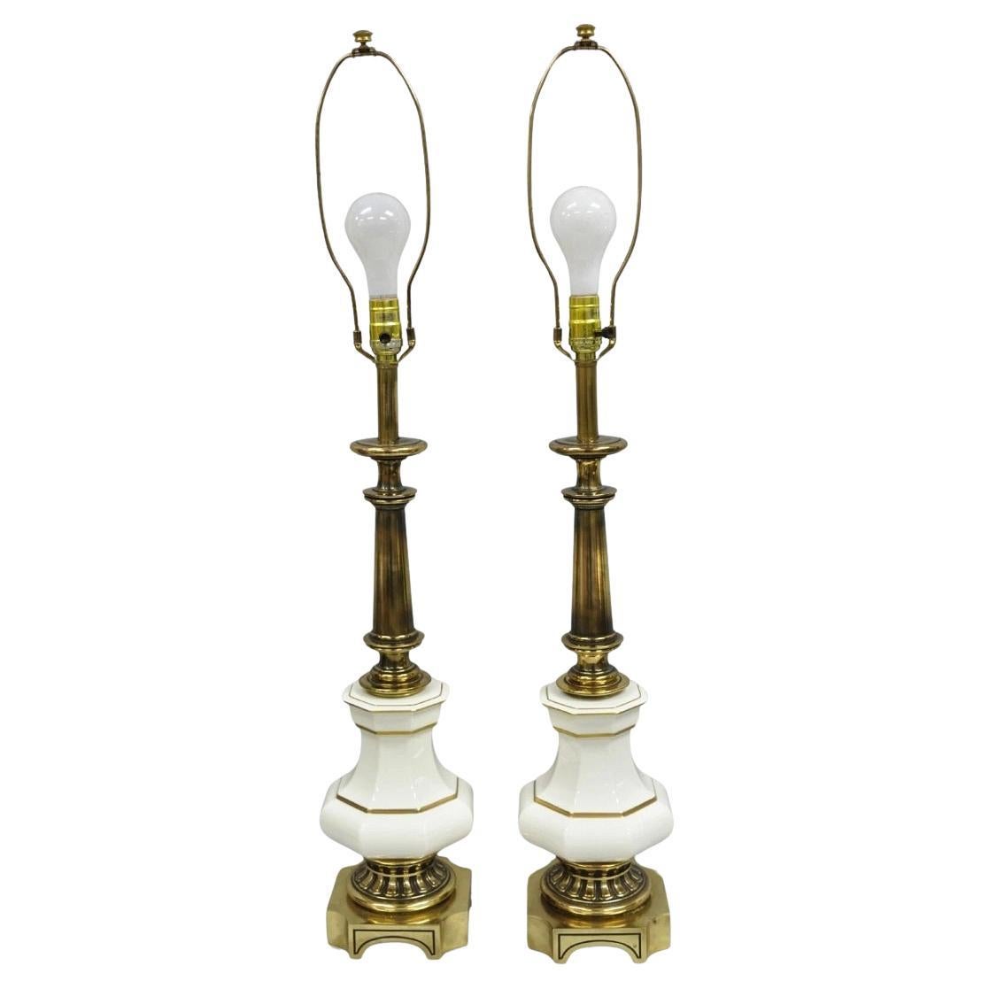 Vintage Stiffel Empire Style Burnished Brass & Porcelain Table Lamps (A) - Pair For Sale