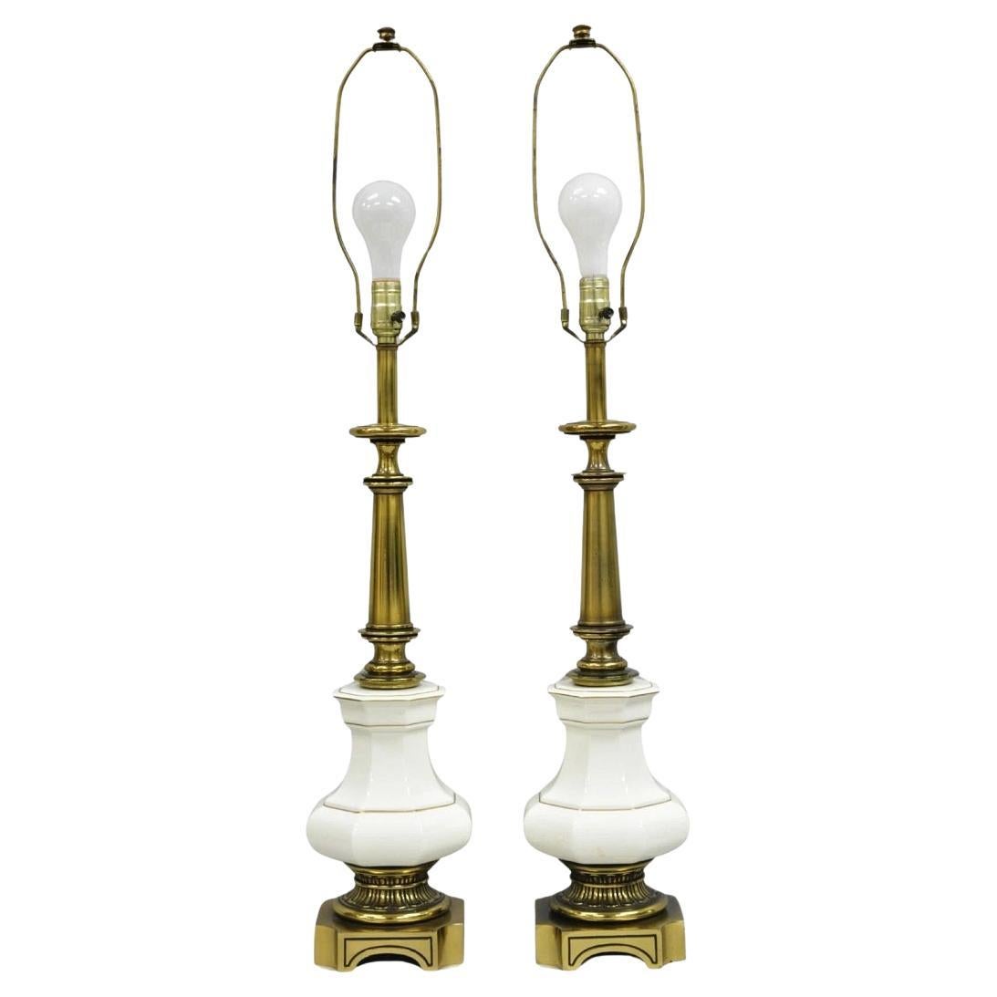 Vintage Stiffel Empire Style Burnished Brass & Porcelain Table Lamps (B) - Pair