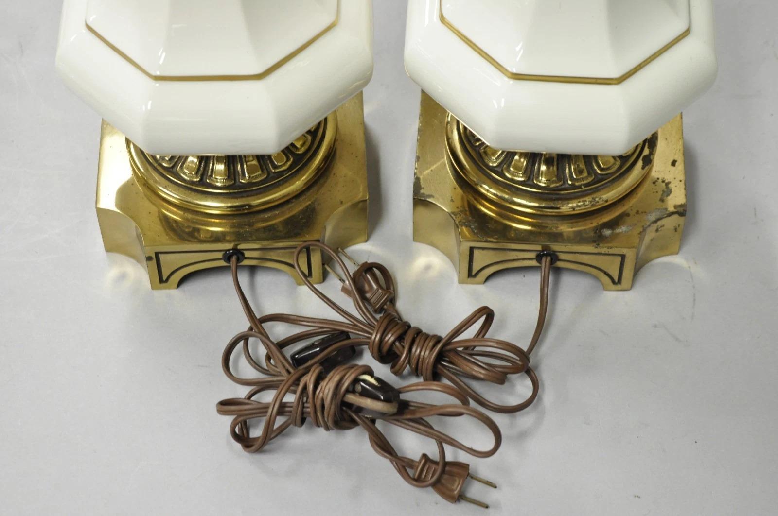 Vintage Stiffel Empire Style Burnished Brass & Porcelain Table Lamps (C) - Pair For Sale 5