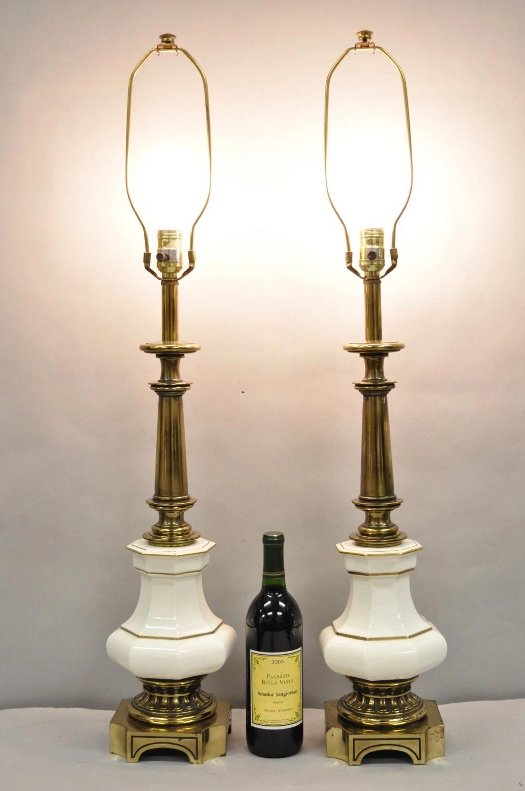 Vintage Stiffel Empire Style Lacquered Burnished Brass & Porcelain Table Lamps (C) - a Pair. Circa Late 20th Century. Measurements: 37