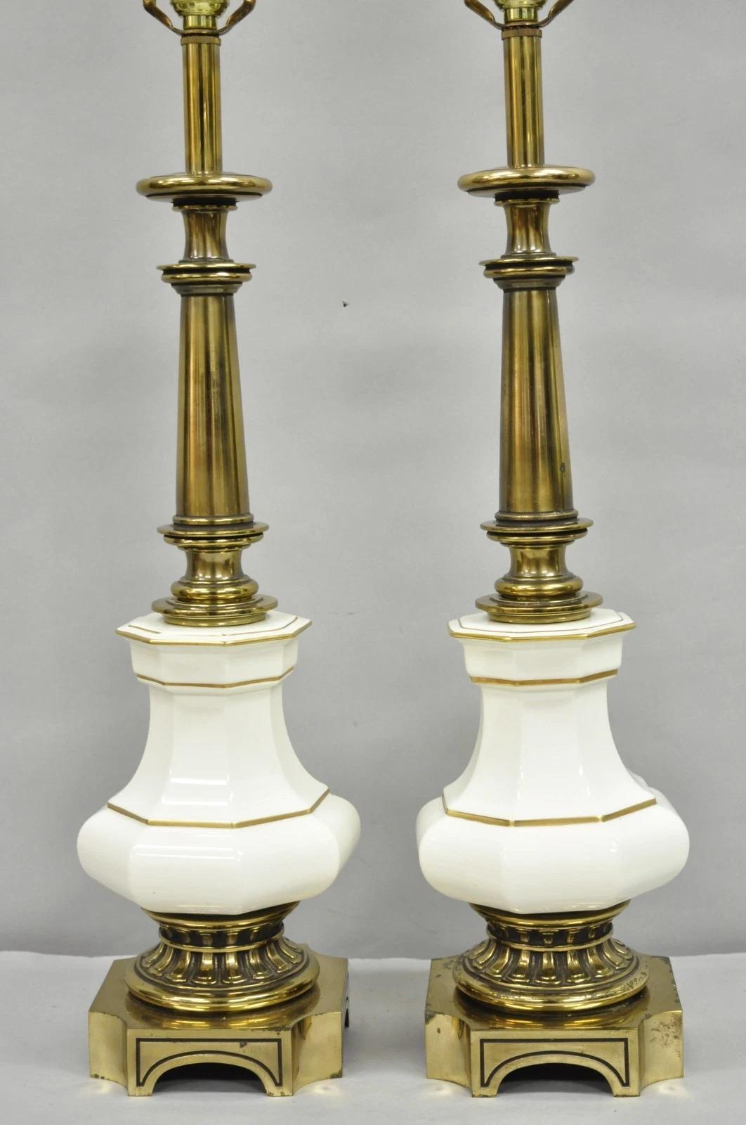 Unknown Vintage Stiffel Empire Style Burnished Brass & Porcelain Table Lamps (C) - Pair For Sale