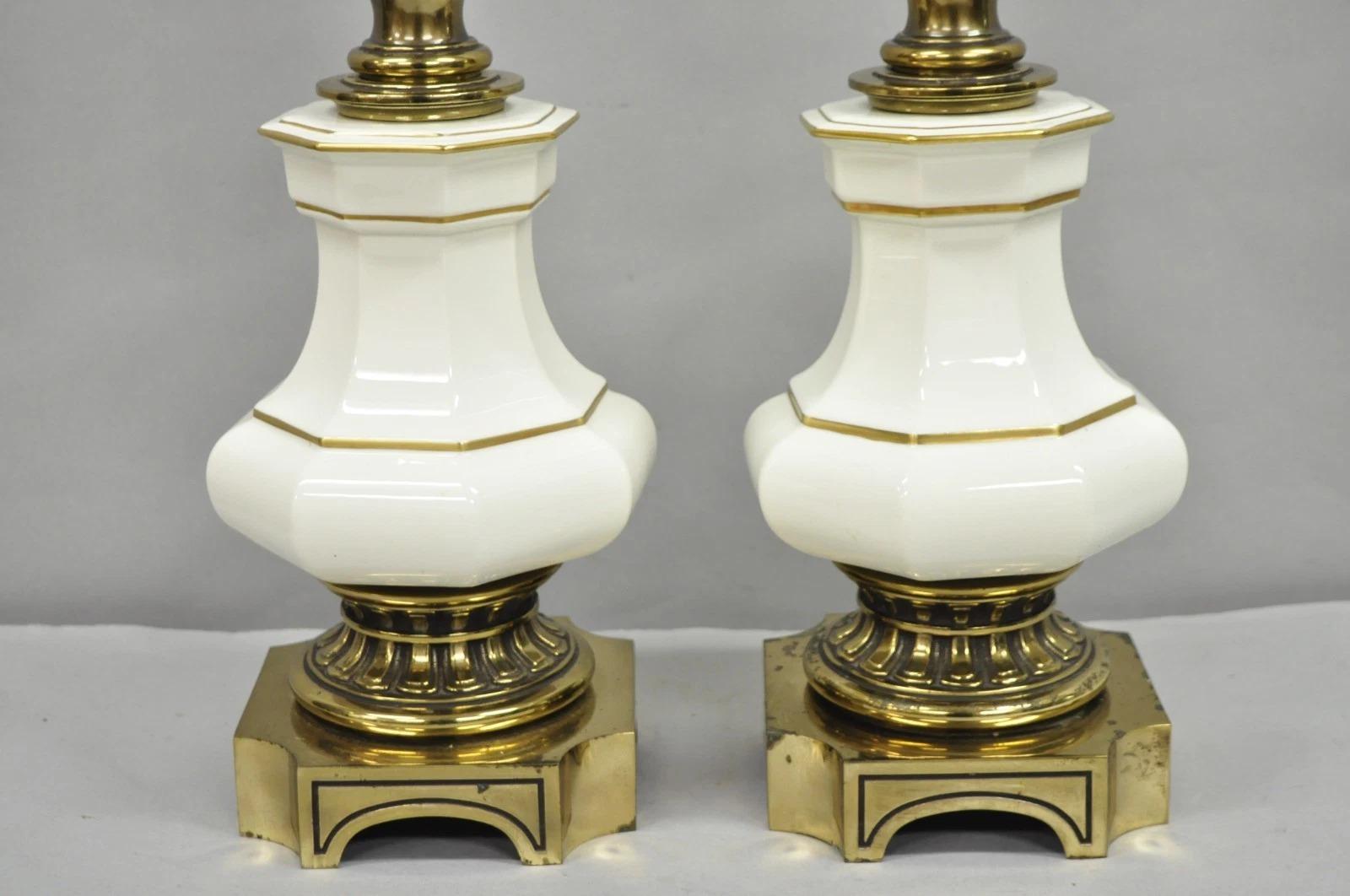 Vintage Stiffel Empire Style Burnished Brass & Porcelain Table Lamps (C) - Pair In Good Condition For Sale In Philadelphia, PA