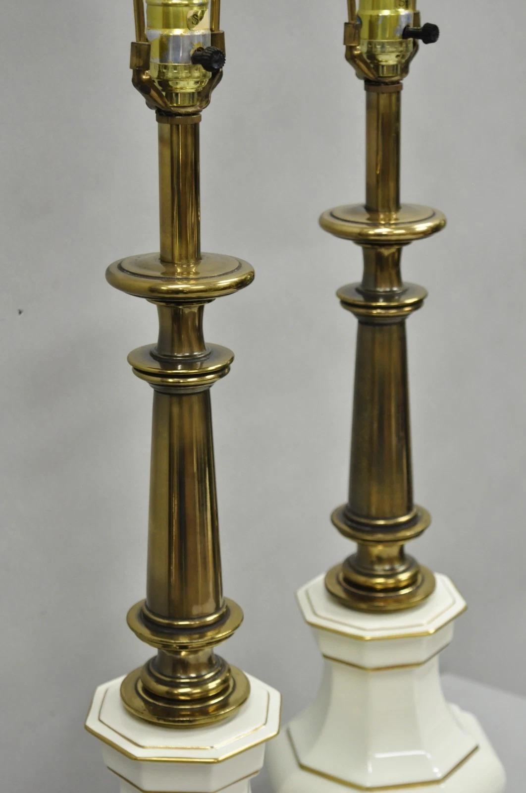 20th Century Vintage Stiffel Empire Style Burnished Brass & Porcelain Table Lamps (C) - Pair For Sale