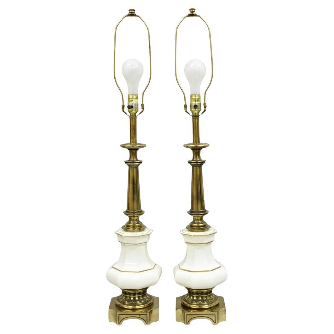 Vintage Stiffel Empire Style Burnished Brass & Porcelain Table Lamps (C) - Pair For Sale