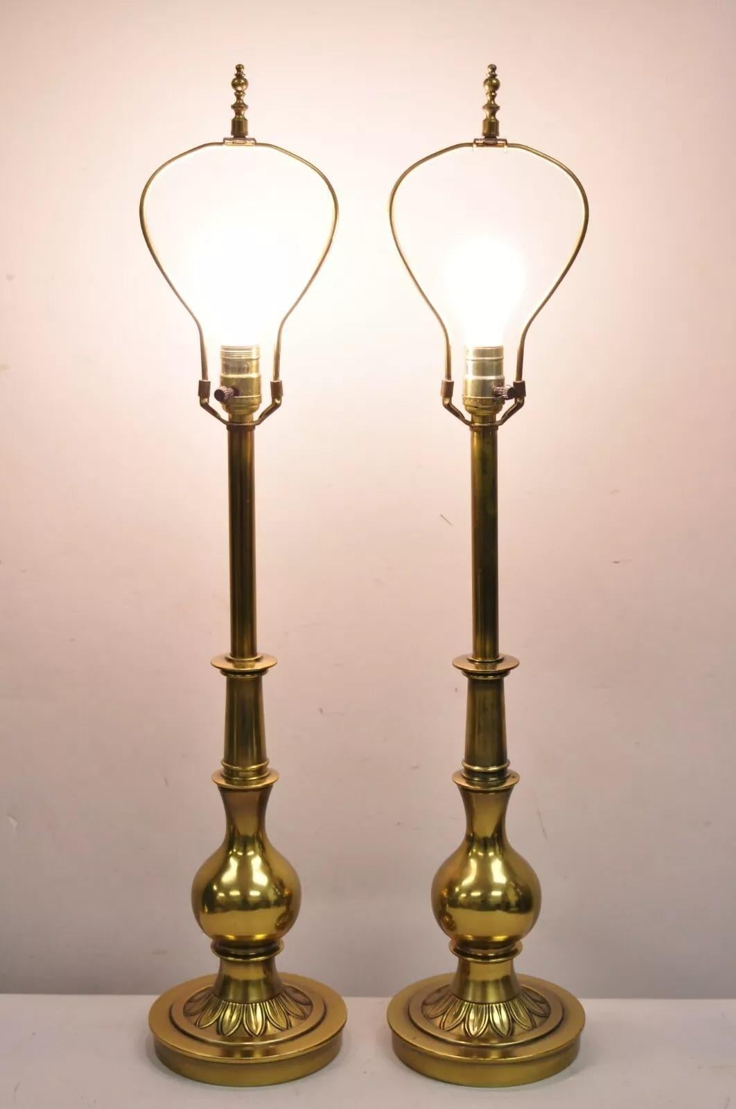 Vintage Stiffel Hollywood Regency Brass Bulbous Column Table Lamps - a Pair. Circa Late 20th Century. Dimensions : 33